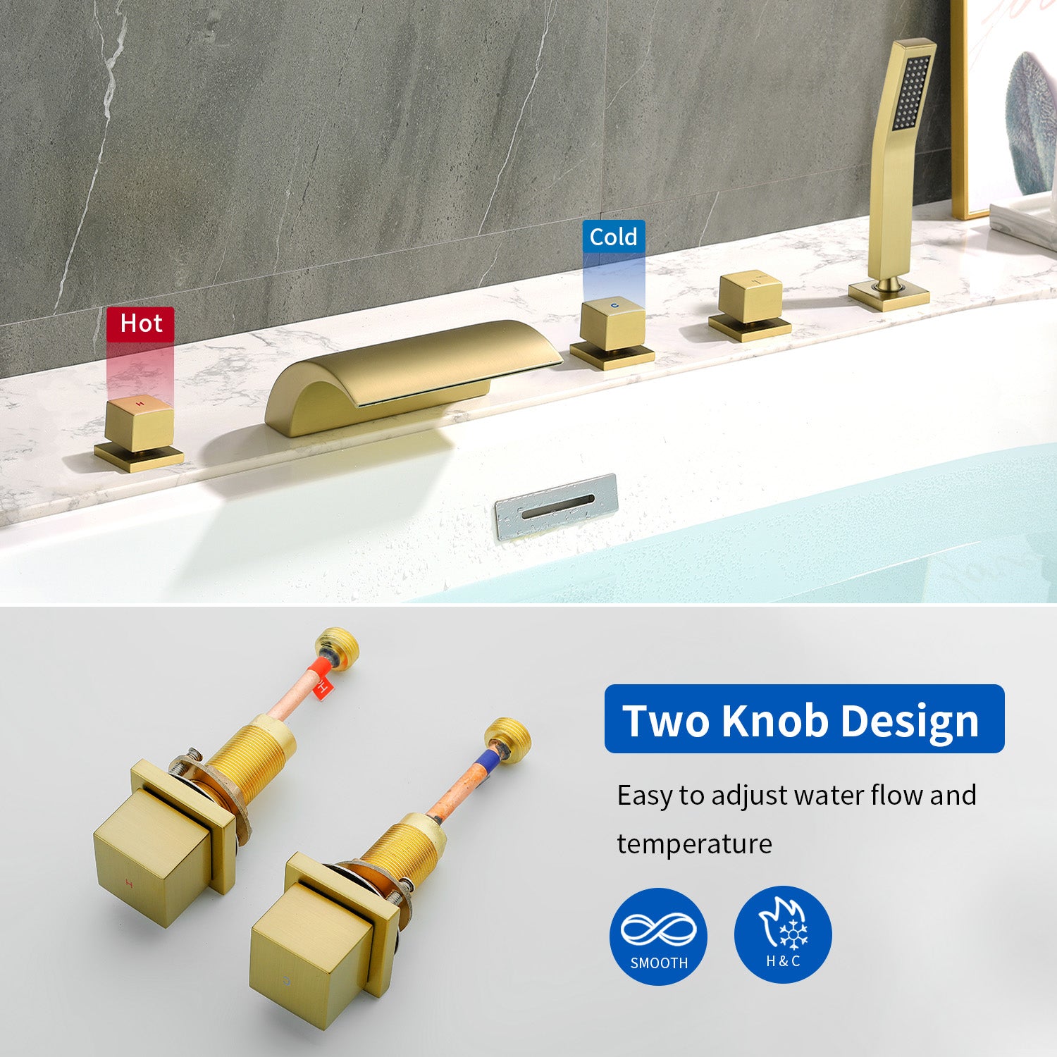 Deck Mount Bath Trim Hot and Cold Water Mixer 2 Knob Handles 5-Hole Roman Tub Faucet with Diverter and Hand Shower