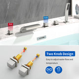 Deck Mount Bath Trim Hot and Cold Water Mixer 2 Knob Handles 5-Hole Roman Tub Faucet with Diverter and Hand Shower