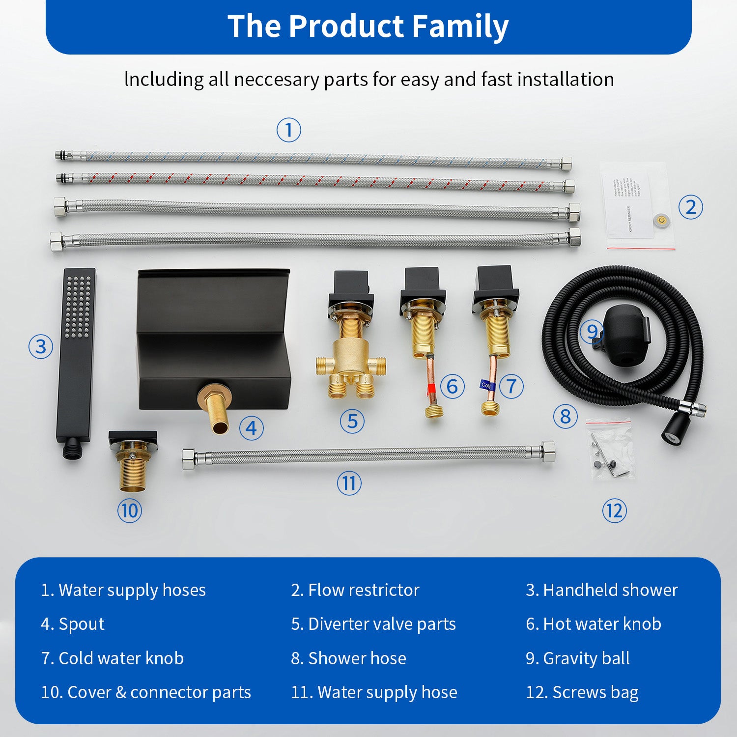 Waterfall Bathtub Faucet, Five Hole Deck Mounted Roman Bath Tub Faucet Mixer with Hand Shower