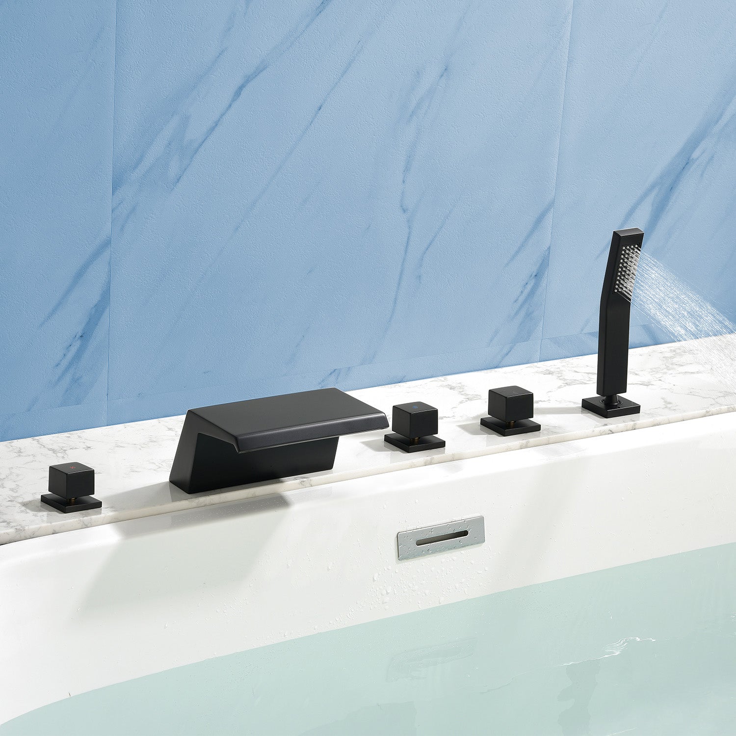 Waterfall Bathtub Faucet, Five Hole Deck Mounted Roman Bath Tub Faucet Mixer with Hand Shower