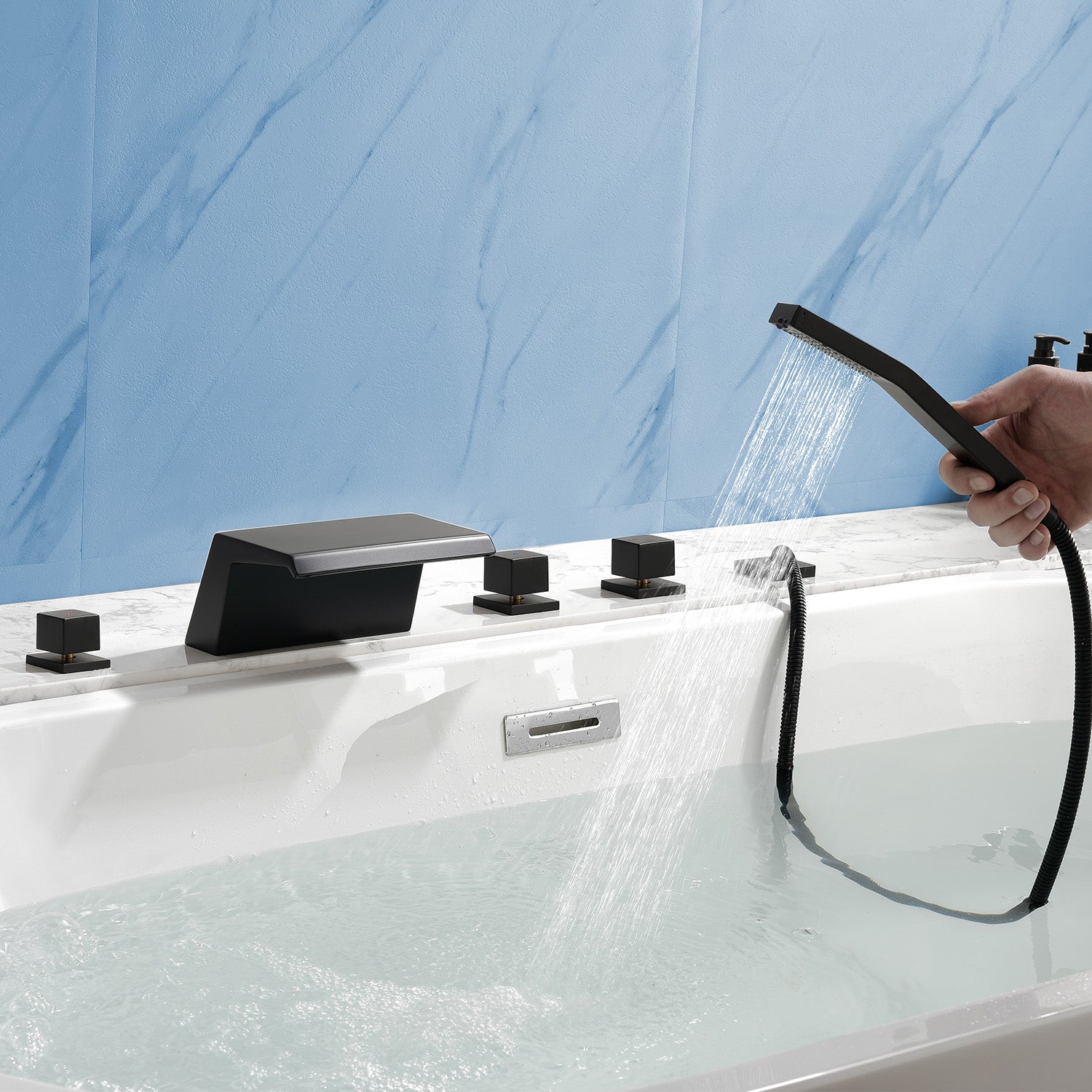 Waterfall Bathtub Faucet, Five Hole Deck Mounted Roman Bath Tub Faucet Mixer with Hand Shower