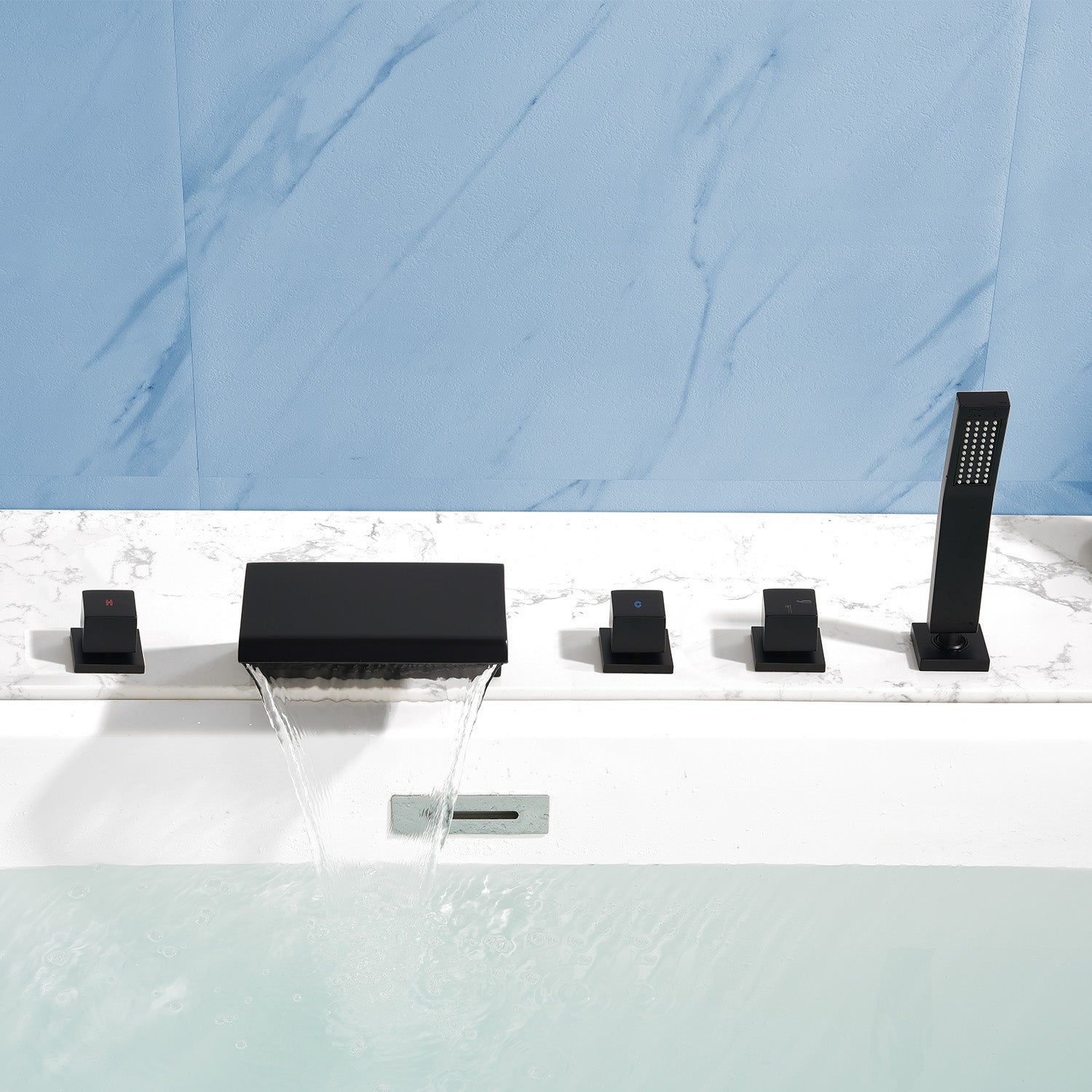 Waterfall Bathtub Faucet, Five Hole Deck Mounted Roman Bath Tub Faucet Mixer with Hand Shower