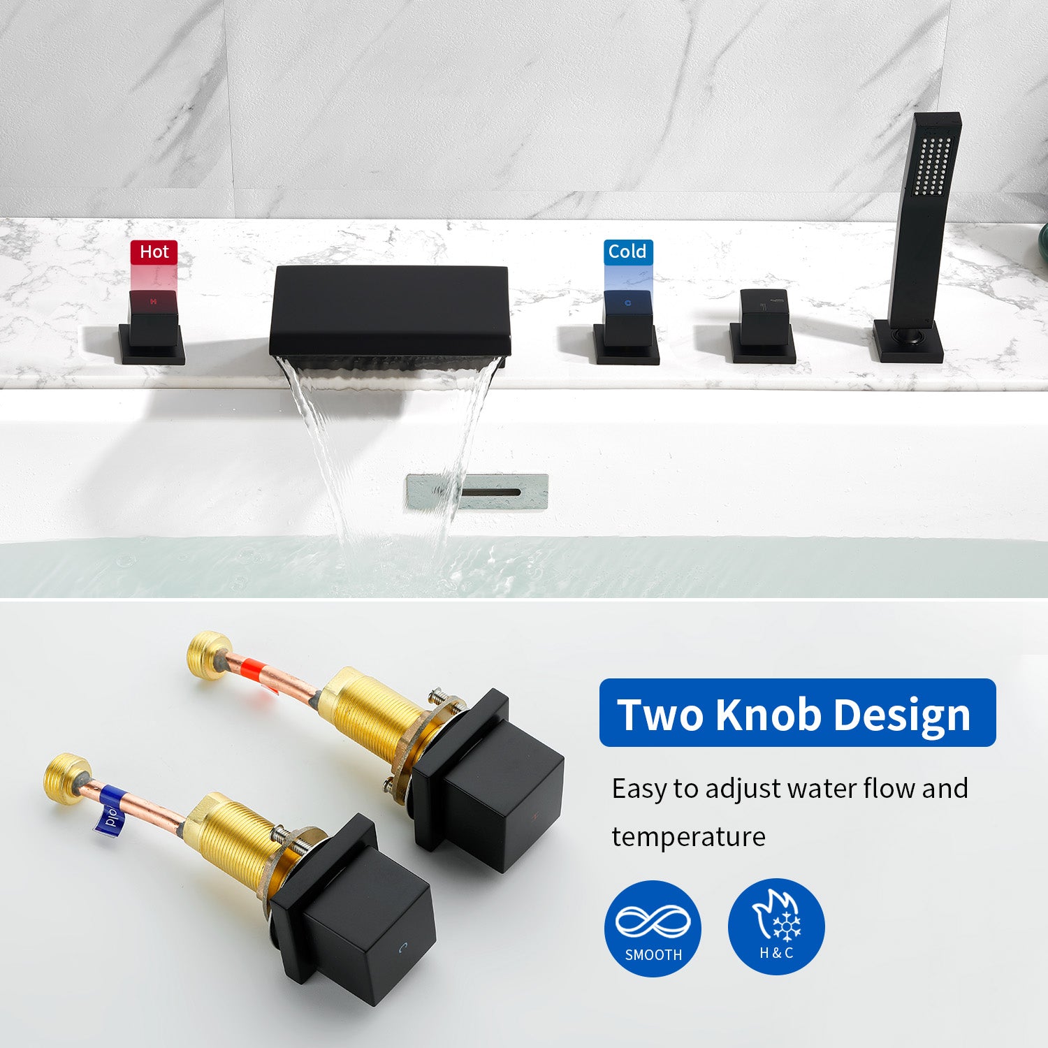 Waterfall Bathtub Faucet, Five Hole Deck Mounted Roman Bath Tub Faucet Mixer with Hand Shower