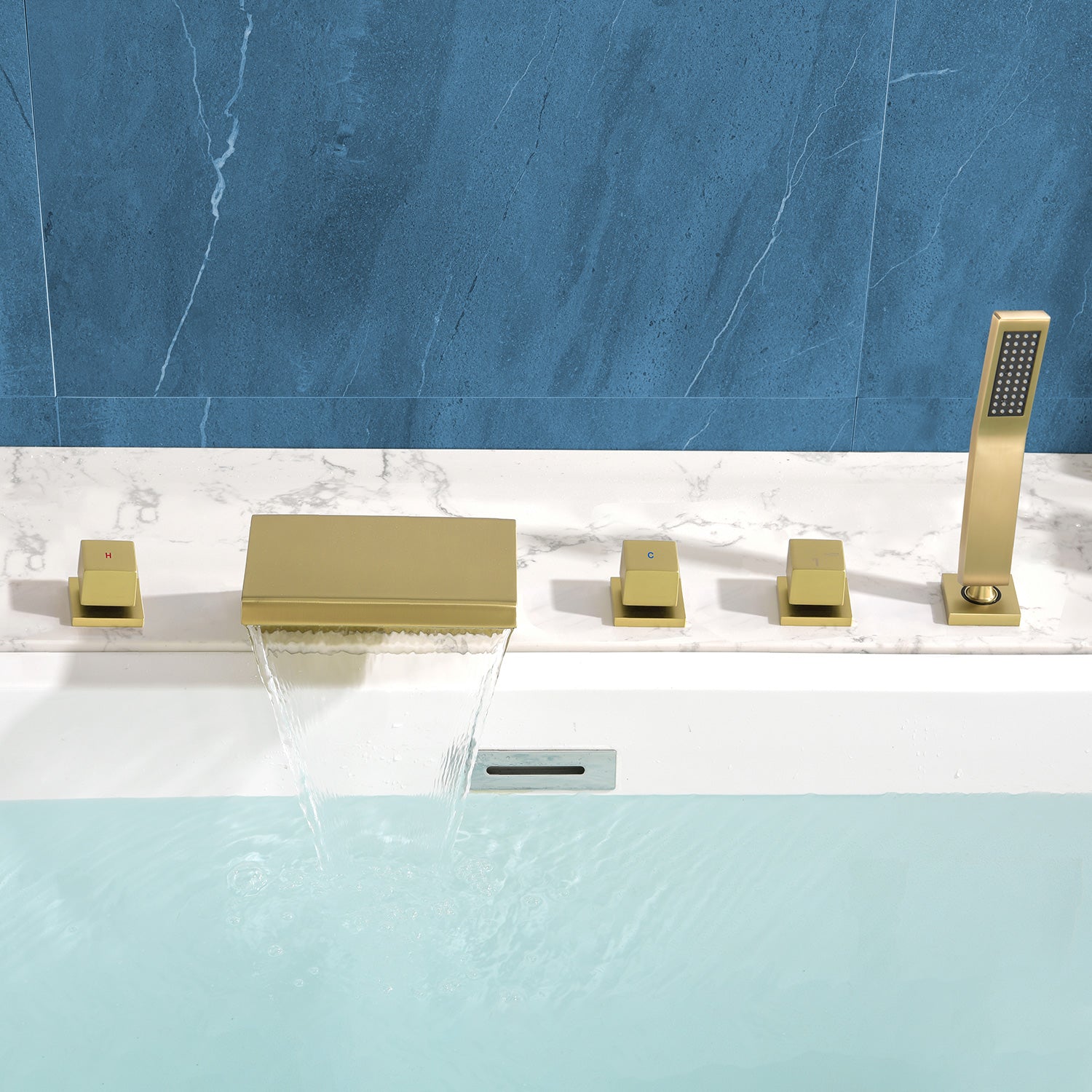Waterfall Bathtub Faucet, Five Hole Deck Mounted Roman Bath Tub Faucet Mixer with Hand Shower