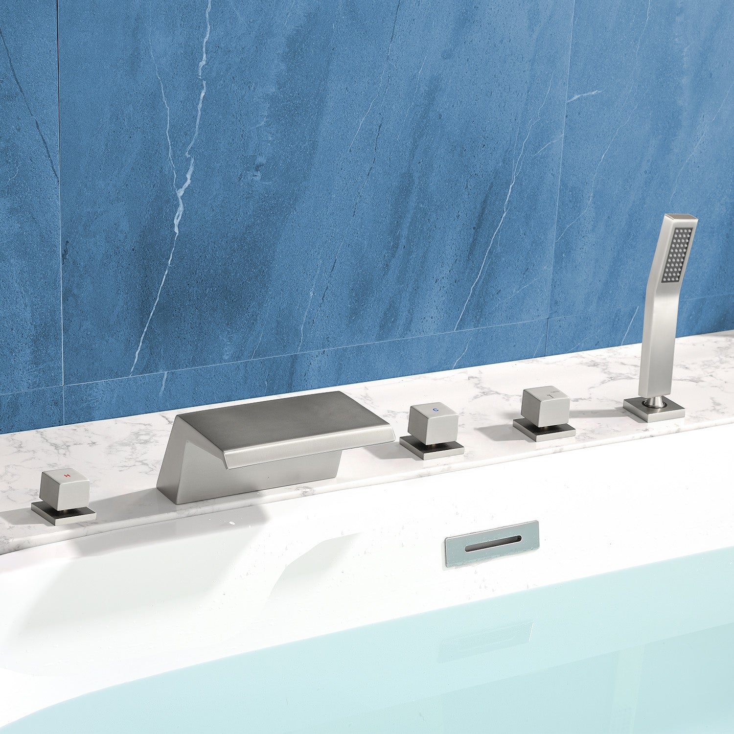 Waterfall Bathtub Faucet, Five Hole Deck Mounted Roman Bath Tub Faucet Mixer with Hand Shower