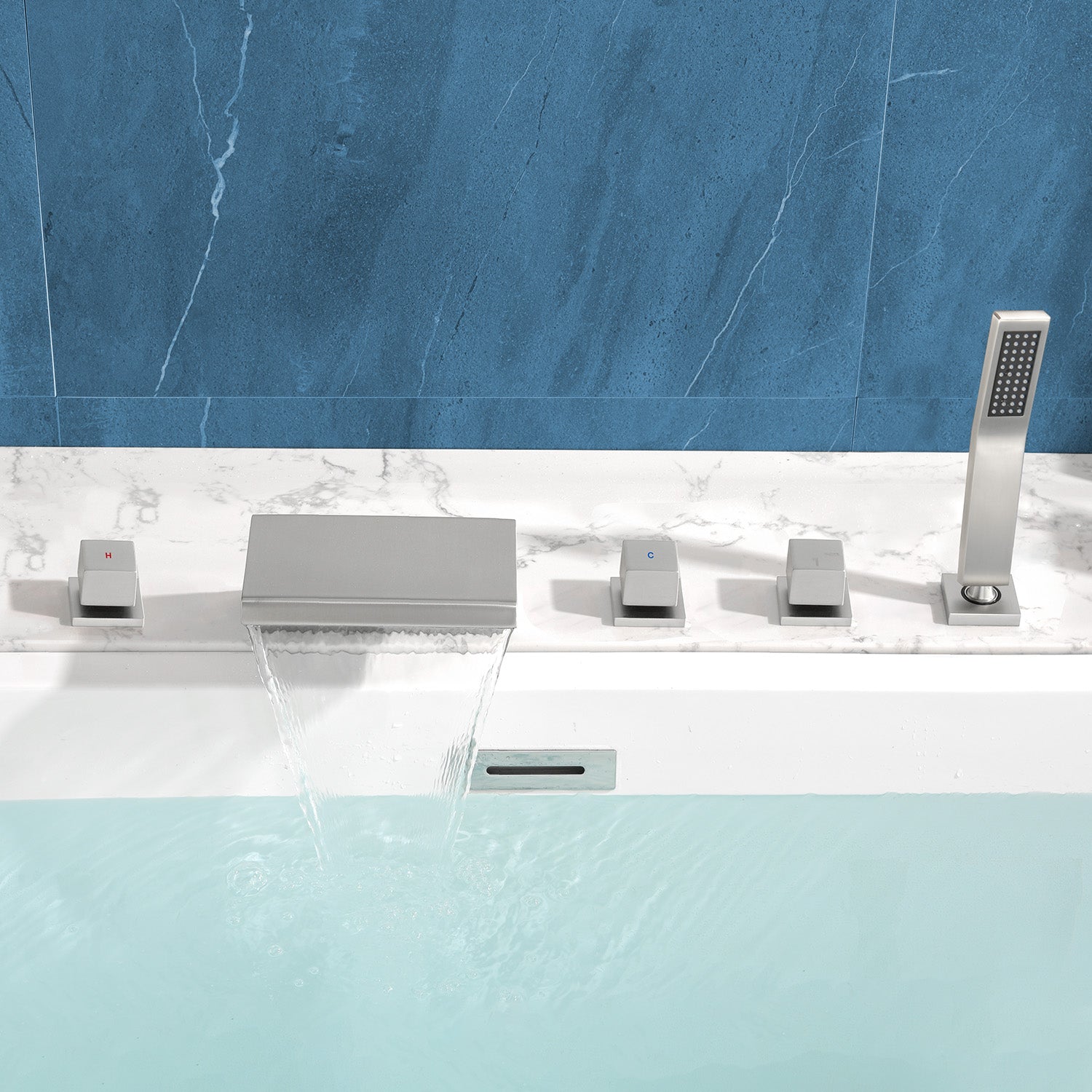 Waterfall Bathtub Faucet, Five Hole Deck Mounted Roman Bath Tub Faucet Mixer with Hand Shower