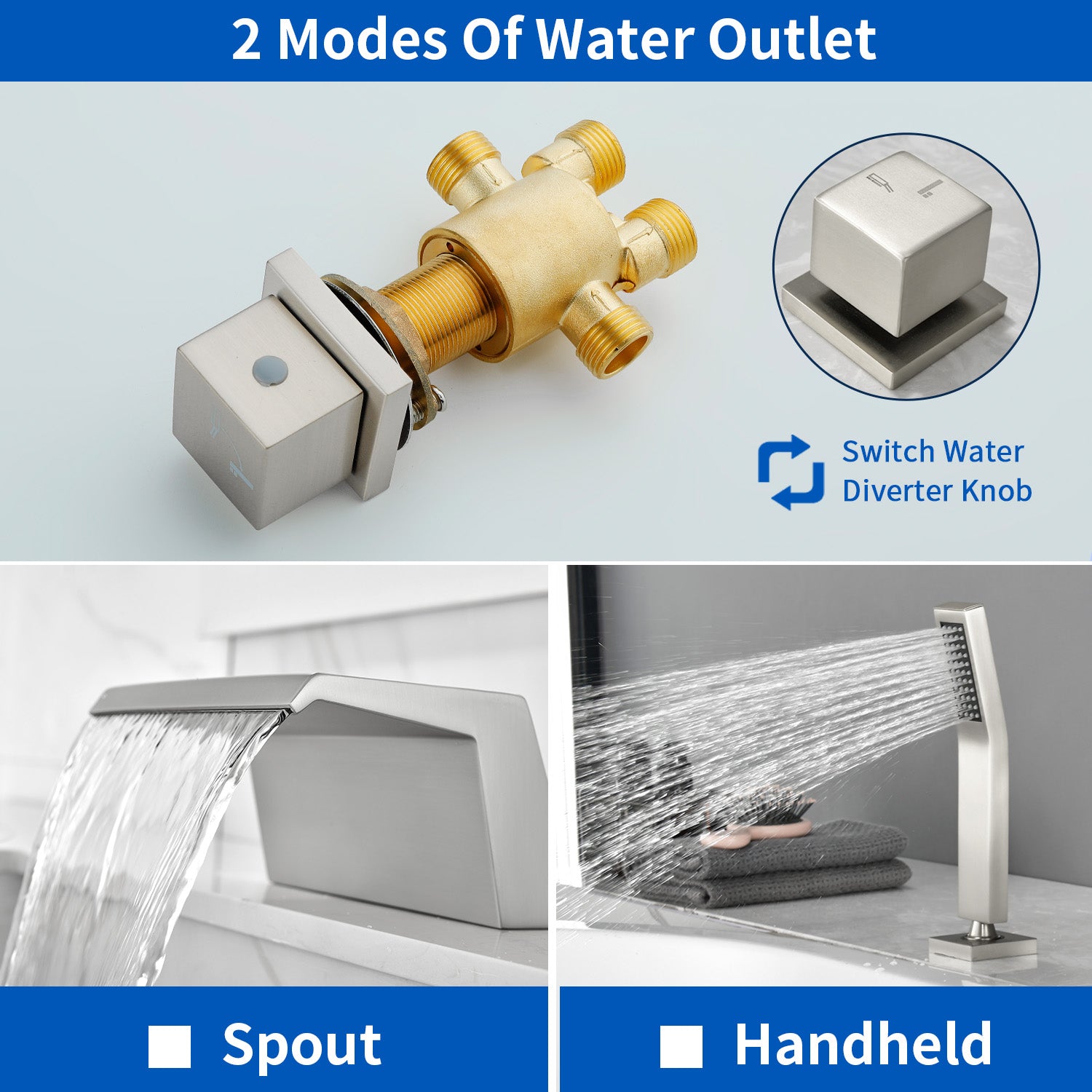 Waterfall Bathtub Faucet, Five Hole Deck Mounted Roman Bath Tub Faucet Mixer with Hand Shower