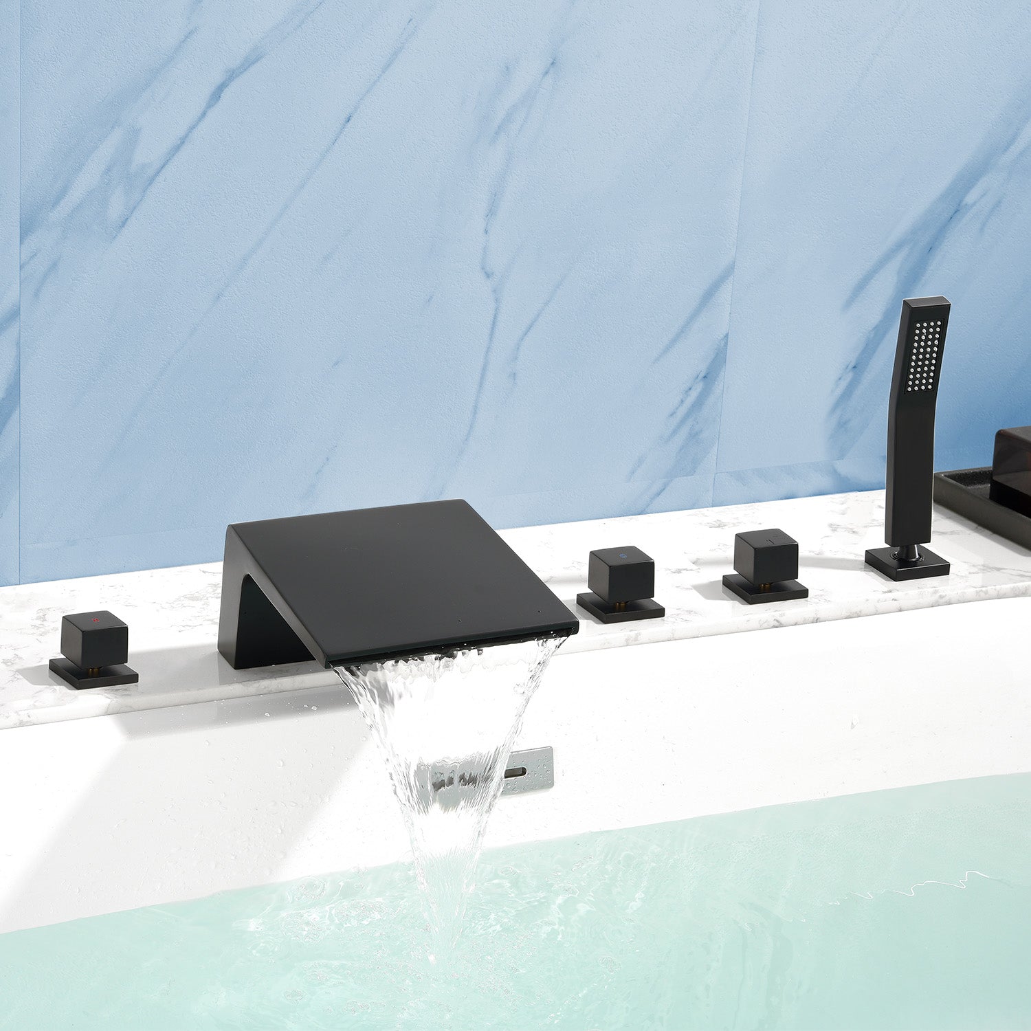 3-Handle Widespread Bath Tub Mixer Deck Mouted 5-Piece Roman Waterfall Tub Filler with Pull-Out Handheld Shower
