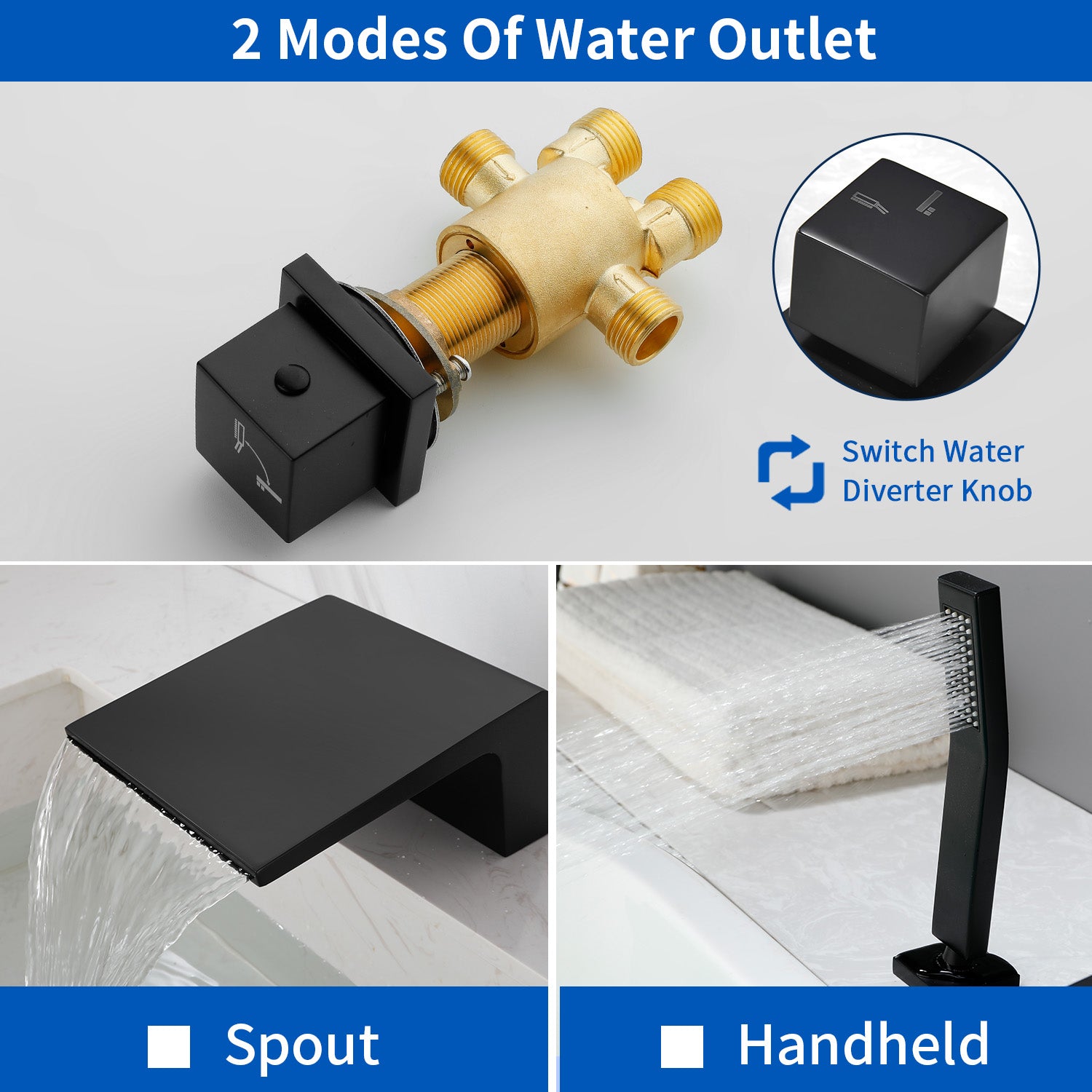 3-Handle Widespread Bath Tub Mixer Deck Mouted 5-Piece Roman Waterfall Tub Filler with Pull-Out Handheld Shower