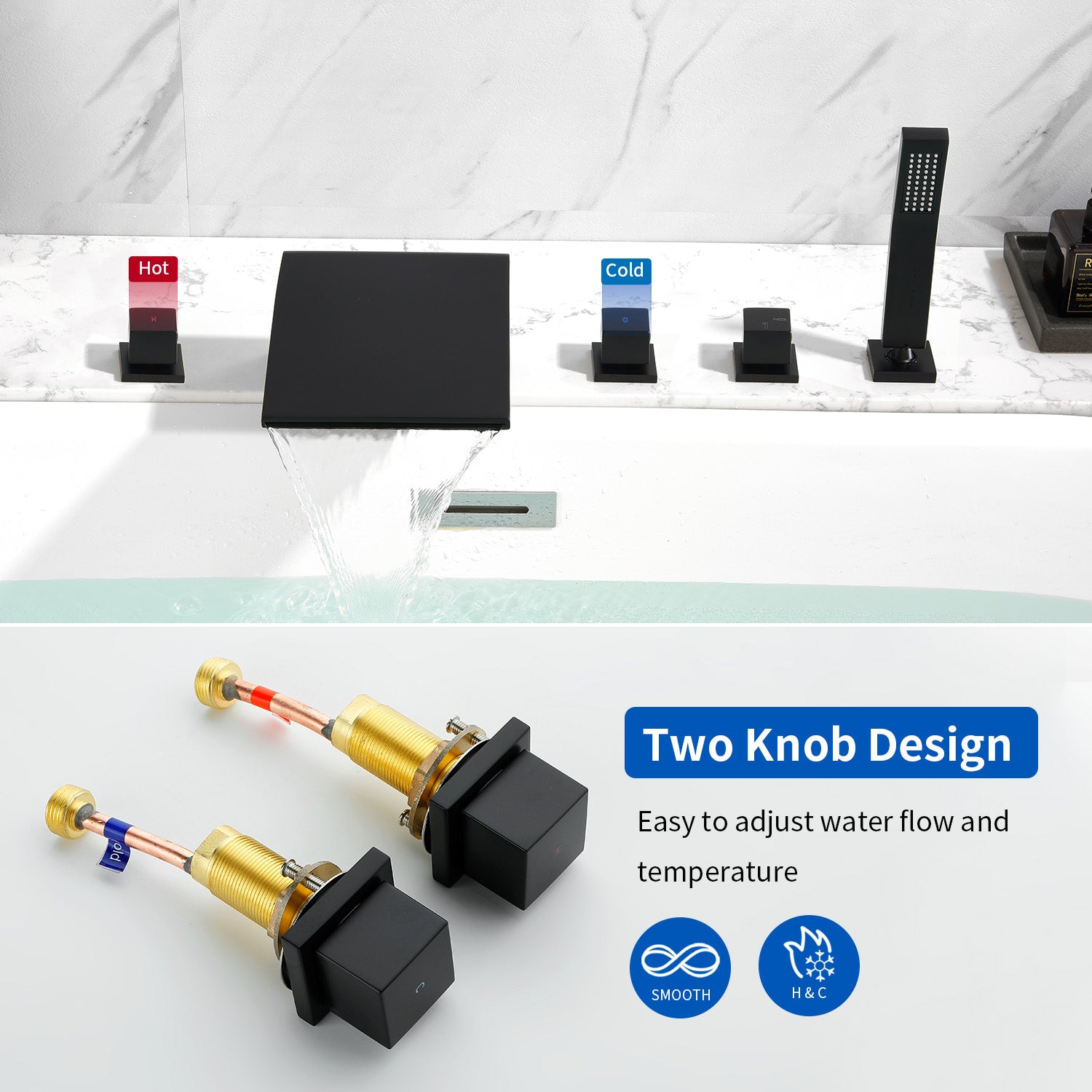 3-Handle Widespread Bath Tub Mixer Deck Mouted 5-Piece Roman Waterfall Tub Filler with Pull-Out Handheld Shower