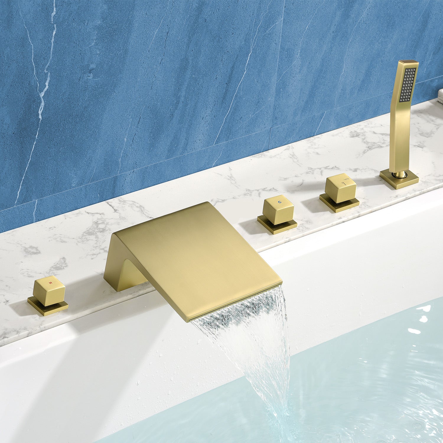 3-Handle Widespread Bath Tub Mixer Deck Mouted 5-Piece Roman Waterfall Tub Filler with Pull-Out Handheld Shower