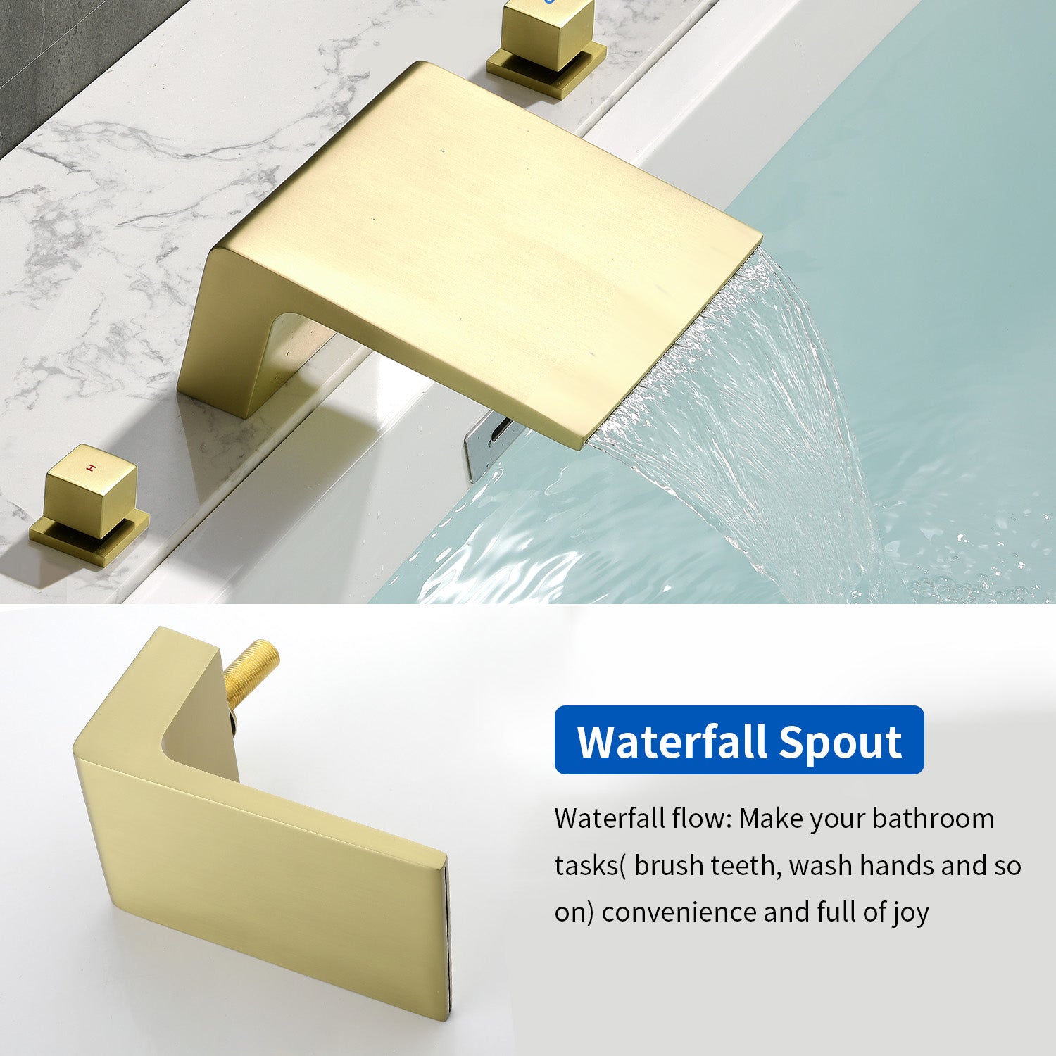 3-Handle Widespread Bath Tub Mixer Deck Mouted 5-Piece Roman Waterfall Tub Filler with Pull-Out Handheld Shower