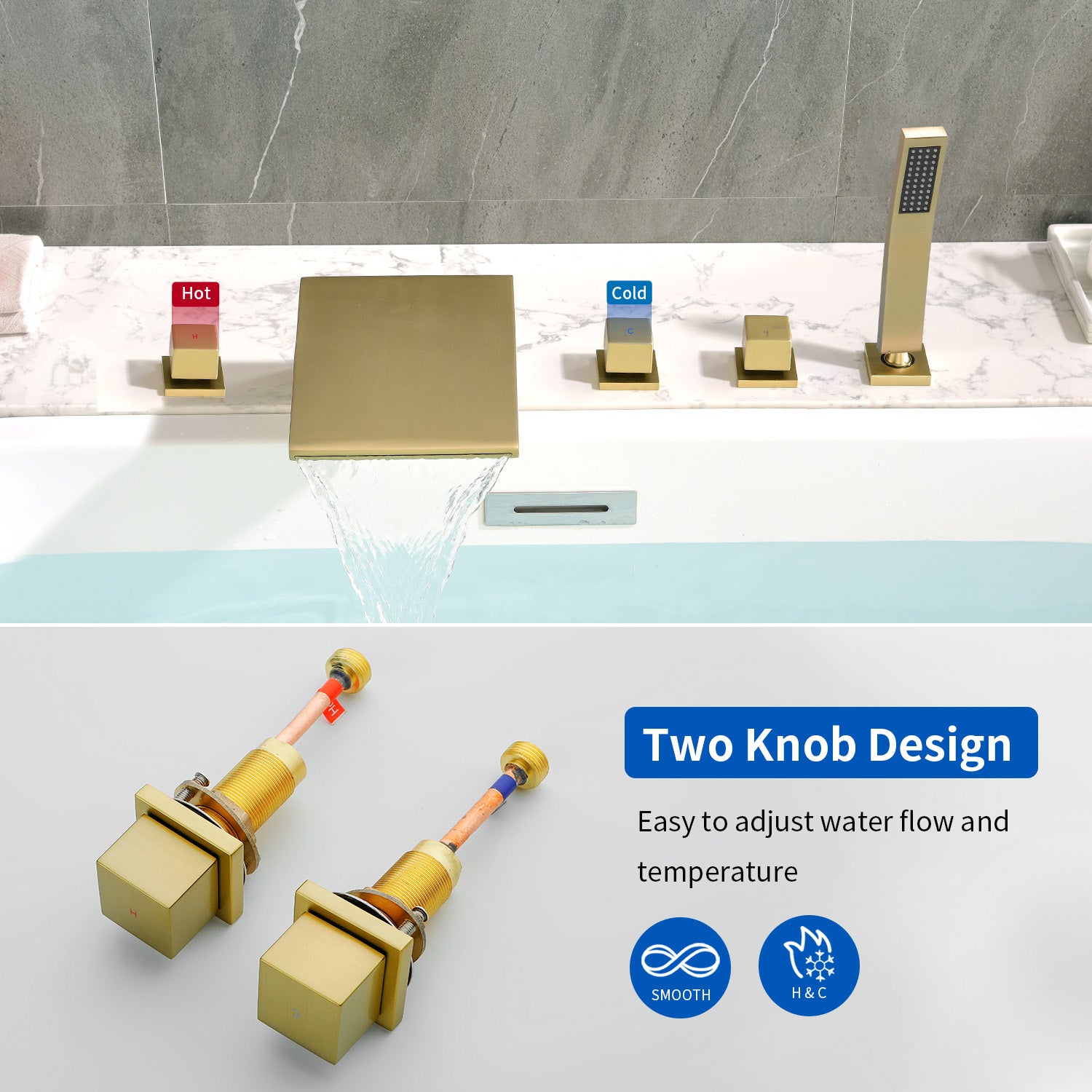 3-Handle Widespread Bath Tub Mixer Deck Mouted 5-Piece Roman Waterfall Tub Filler with Pull-Out Handheld Shower
