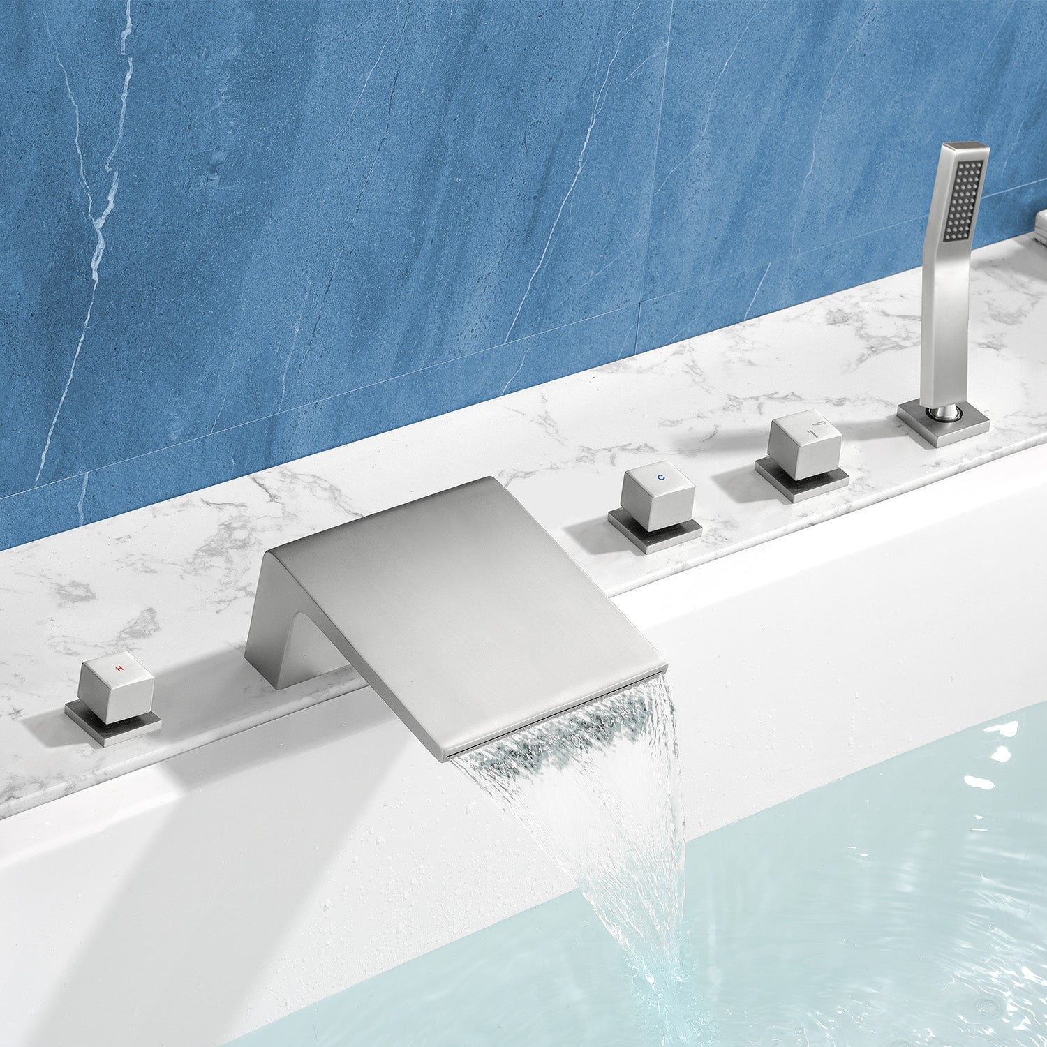 3-Handle Widespread Bath Tub Mixer Deck Mouted 5-Piece Roman Waterfall Tub Filler with Pull-Out Handheld Shower