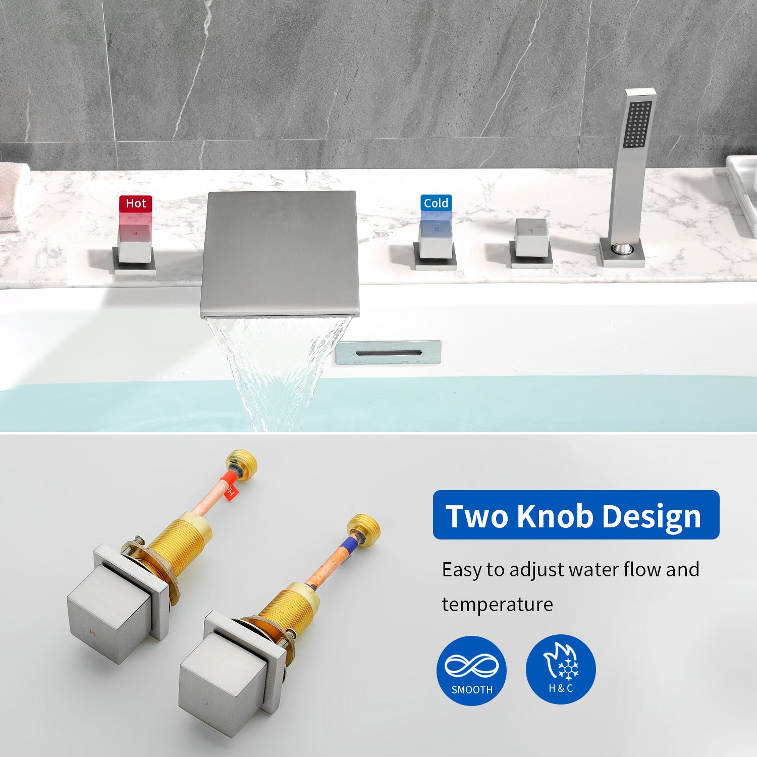 3-Handle Widespread Bath Tub Mixer Deck Mouted 5-Piece Roman Waterfall Tub Filler with Pull-Out Handheld Shower