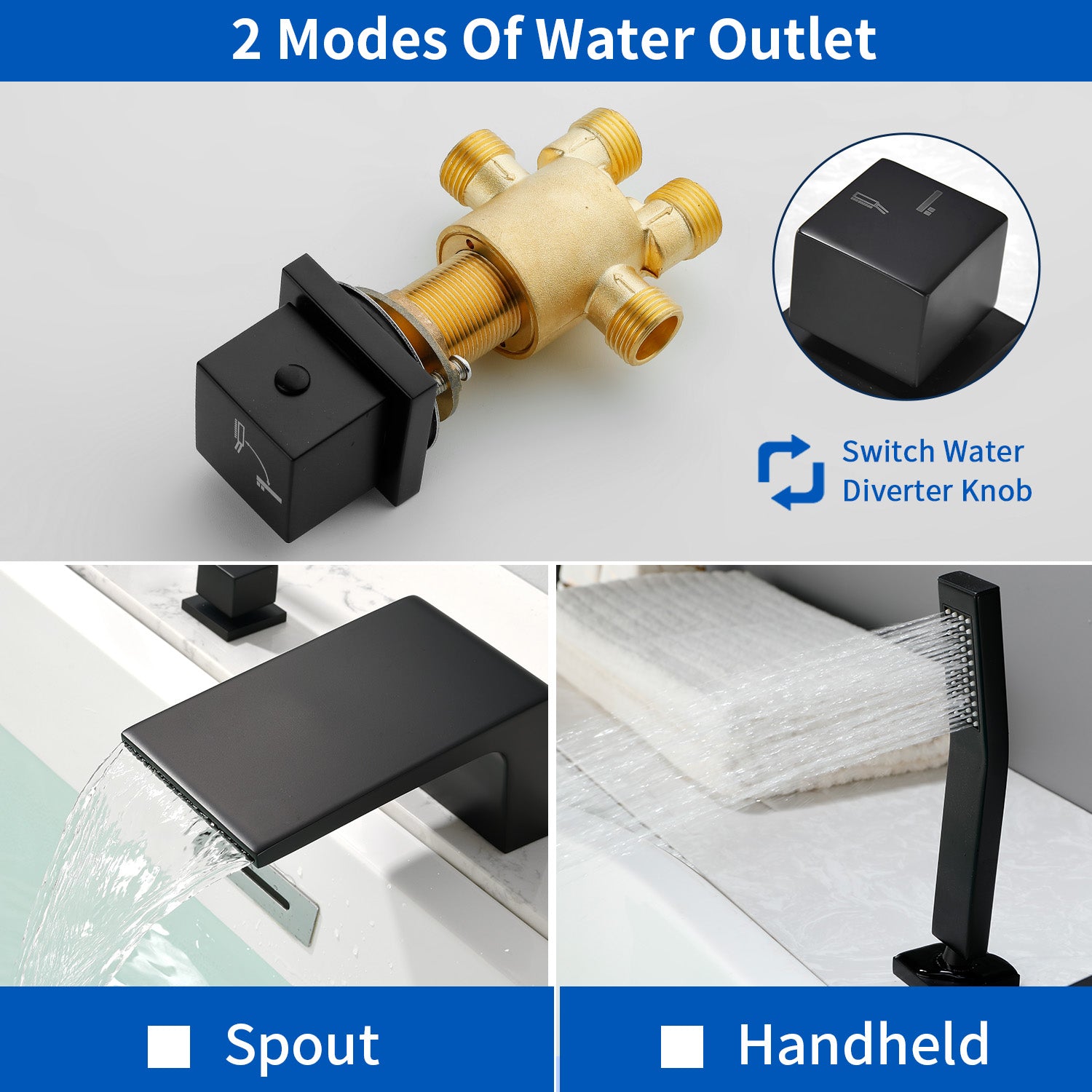 Waterfall tub filler Deck Mount square 5 Hole Bathtub Faucets Set with sprayer and 4.7inch waterfall spout