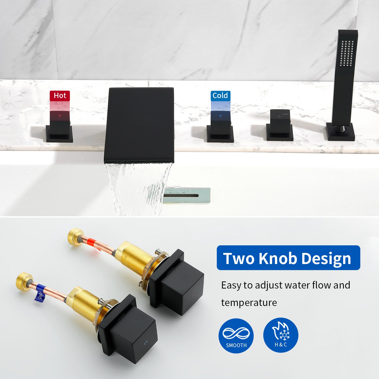 Waterfall tub filler Deck Mount square 5 Hole Bathtub Faucets Set with sprayer and 4.7inch waterfall spout