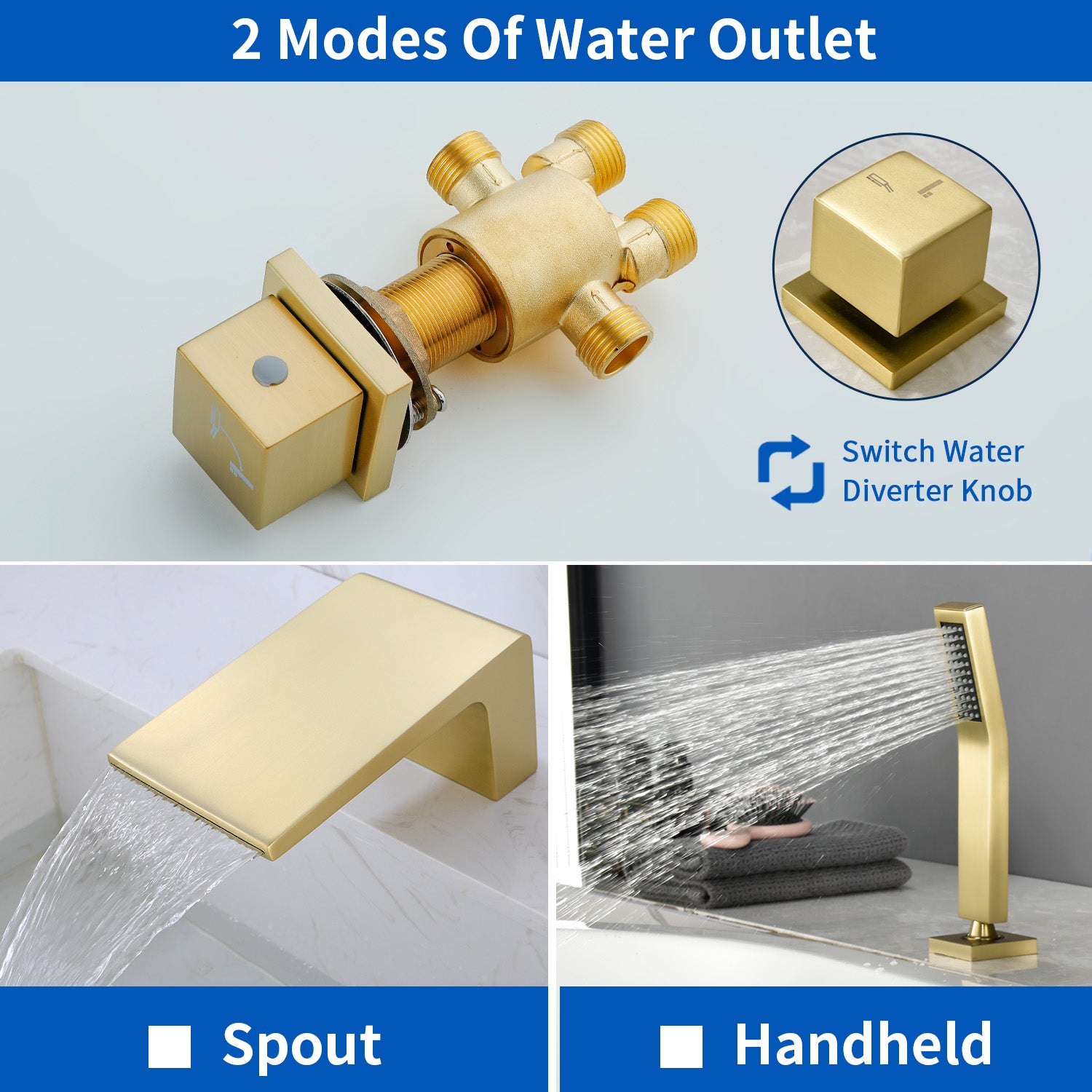Waterfall tub filler Deck Mount square 5 Hole Bathtub Faucets Set with sprayer and 4.7inch waterfall spout