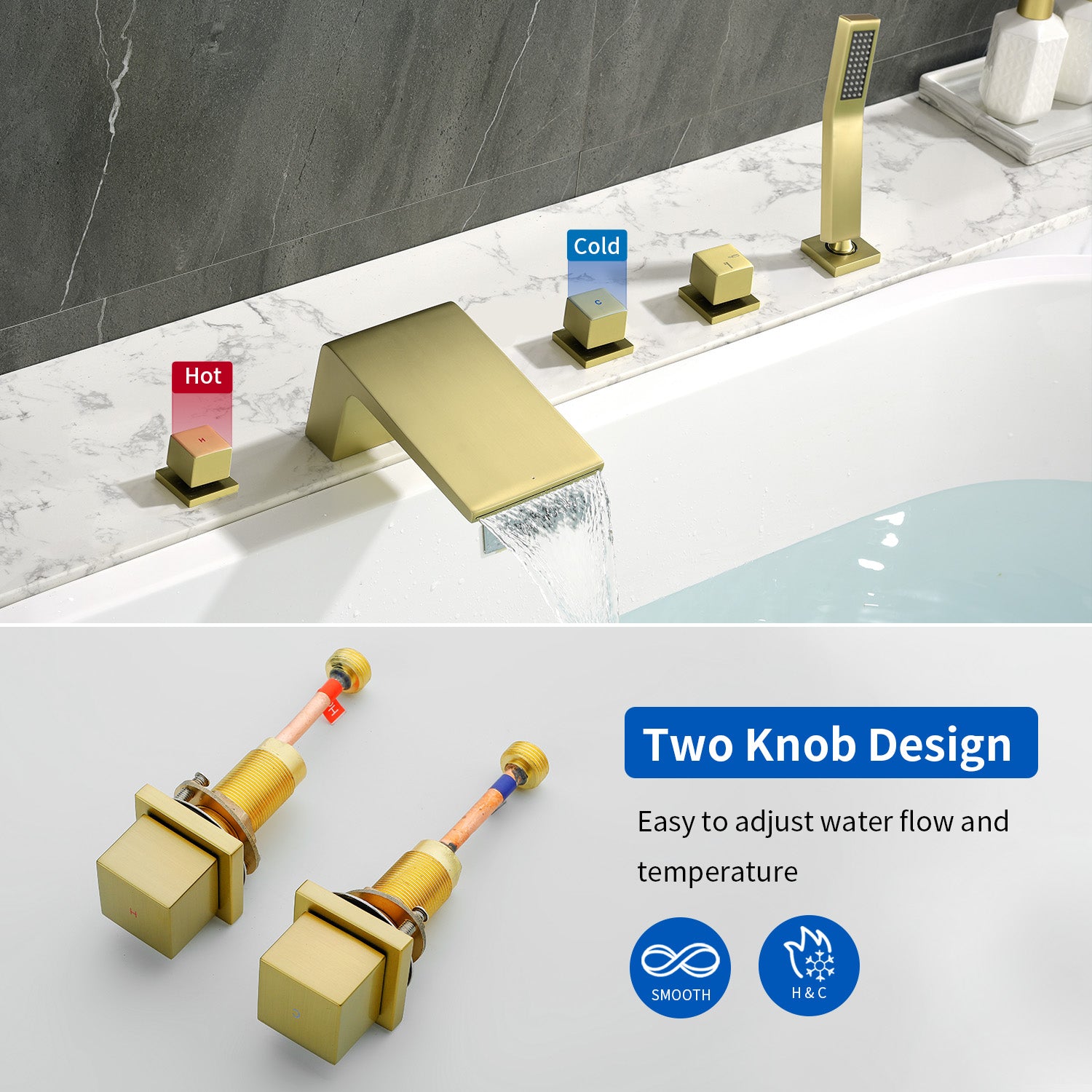 Waterfall tub filler Deck Mount square 5 Hole Bathtub Faucets Set with sprayer and 4.7inch waterfall spout