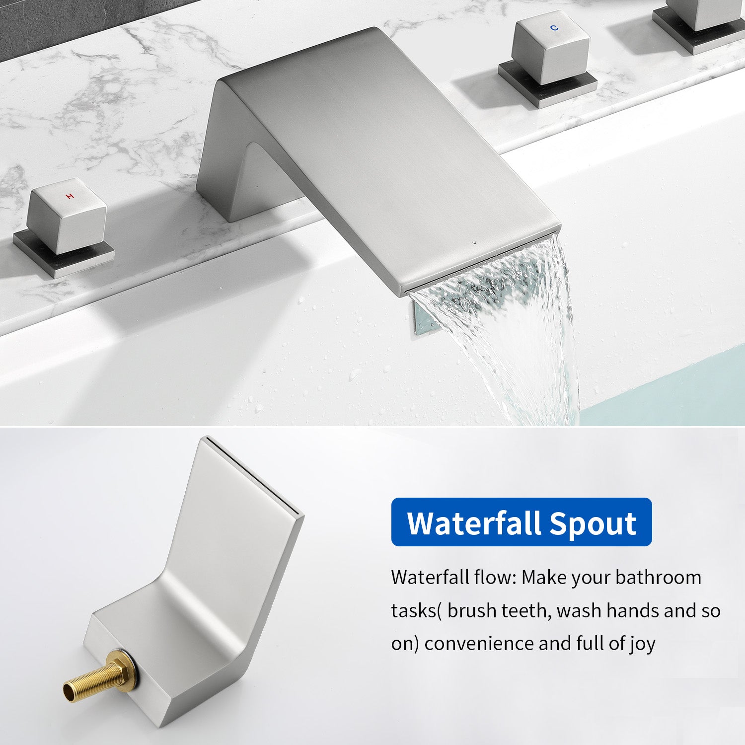Waterfall tub filler Deck Mount square 5 Hole Bathtub Faucets Set with sprayer and 4.7inch waterfall spout
