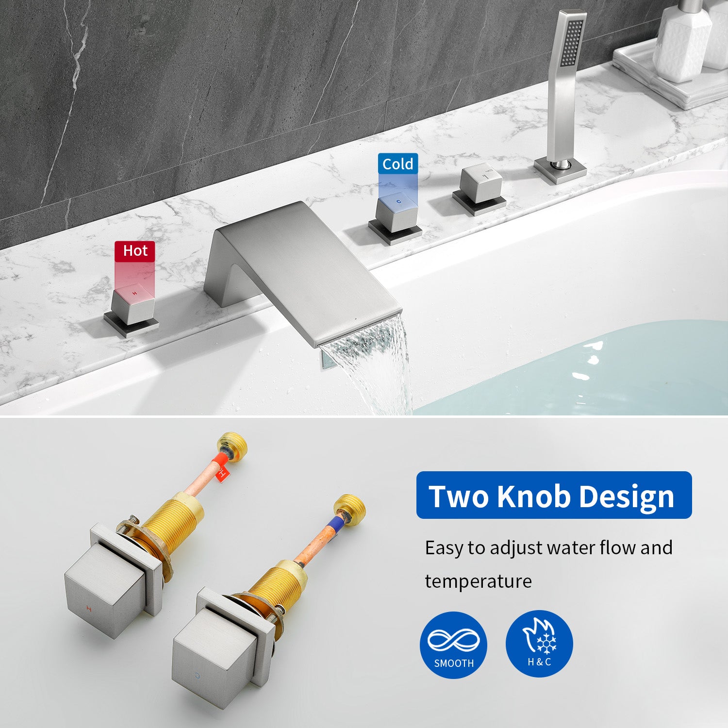 Waterfall tub filler Deck Mount square 5 Hole Bathtub Faucets Set with sprayer and 4.7inch waterfall spout