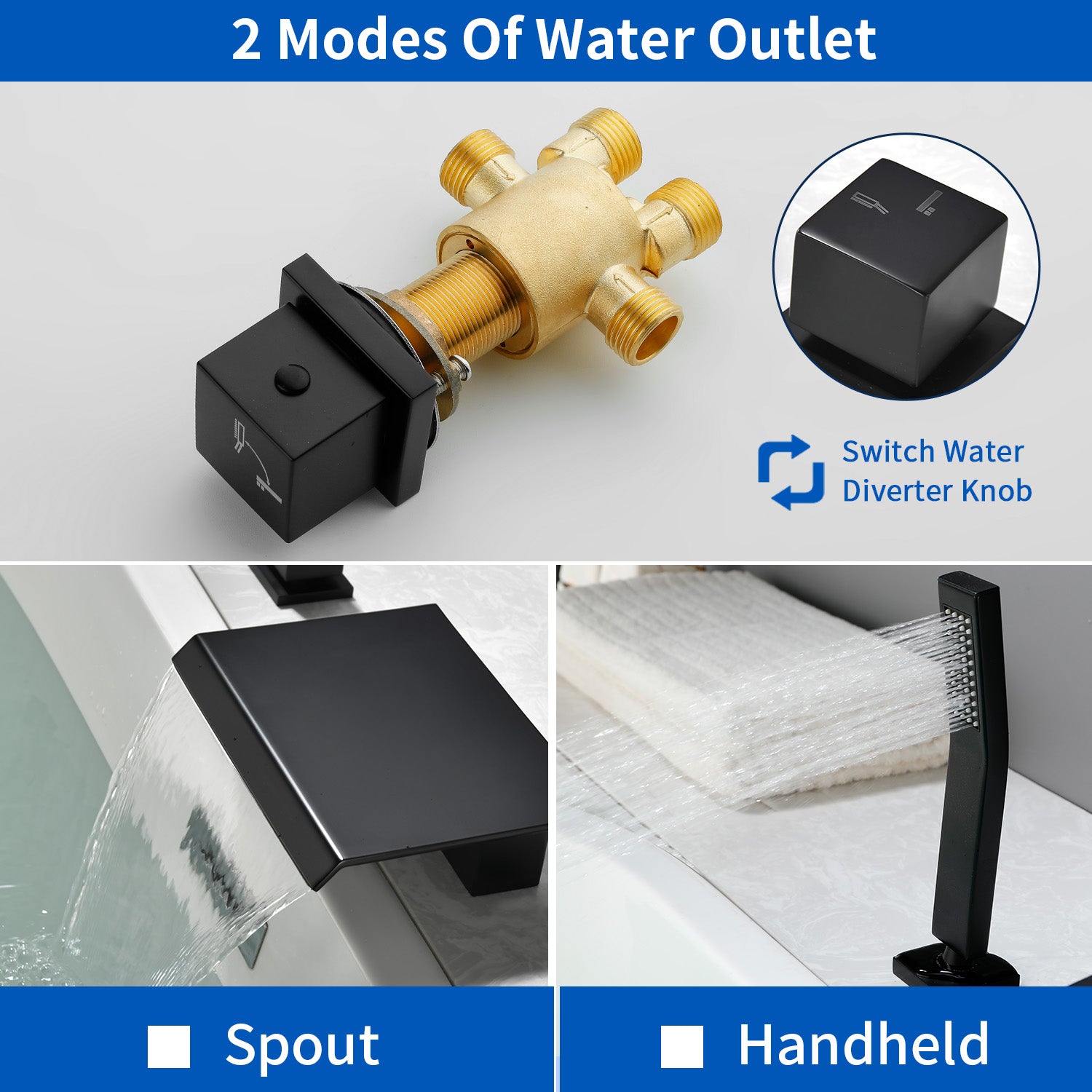 High Flow Roman Tub Faucet 5 Hole Deck Mounted Waterfall Bath Shower Mixer Tap in Matte Black, Brushed Nickel, Brushed Gold