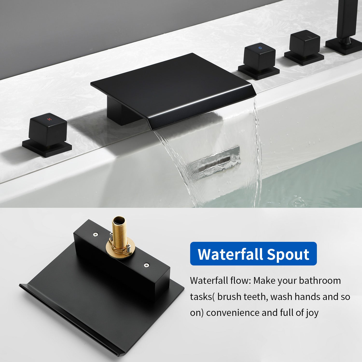 High Flow Roman Tub Faucet 5 Hole Deck Mounted Waterfall Bath Shower Mixer Tap in Matte Black, Brushed Nickel, Brushed Gold
