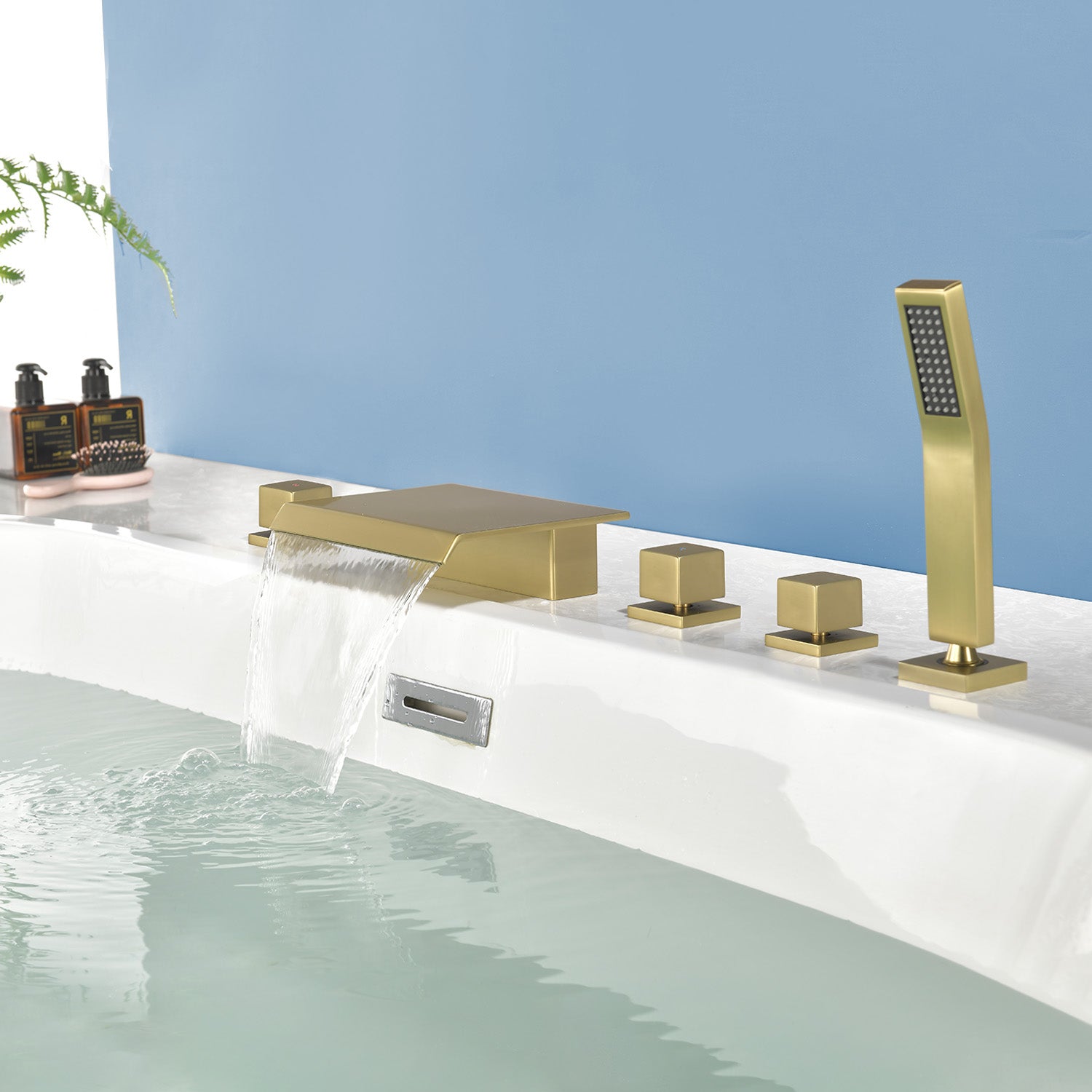 High Flow Roman Tub Faucet 5 Hole Deck Mounted Waterfall Bath Shower Mixer Tap in Matte Black, Brushed Nickel, Brushed Gold