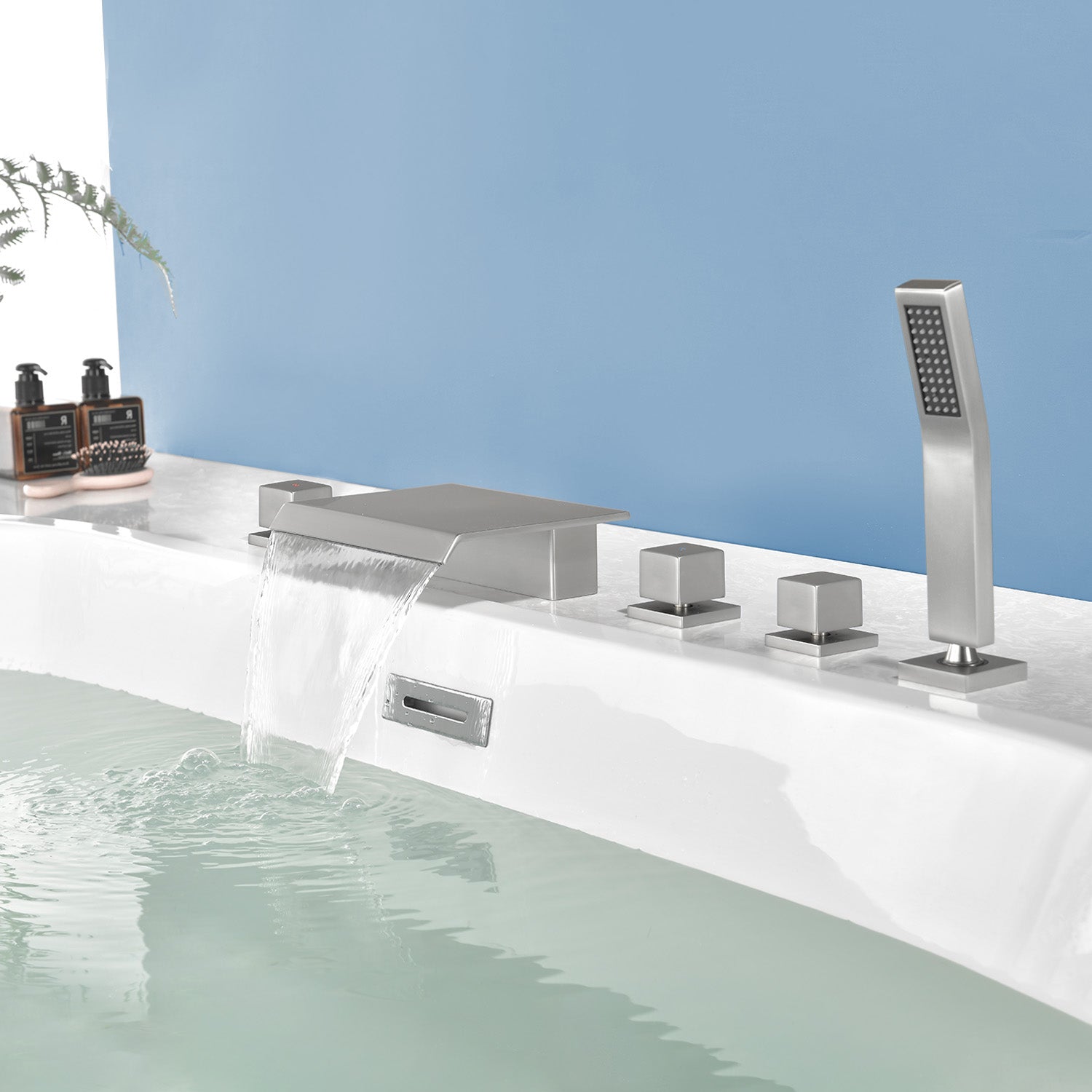 High Flow Roman Tub Faucet 5 Hole Deck Mounted Waterfall Bath Shower Mixer Tap in Matte Black, Brushed Nickel, Brushed Gold
