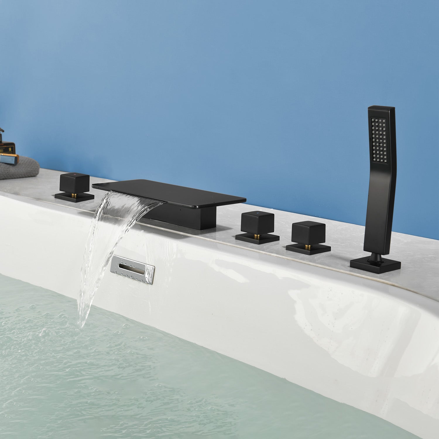 Deck Mounted Roman Bath Filler 5-Hole 2-Handle tub faucet trim with High Pressure Hand Shower and SUS304 Bath Tub Spout