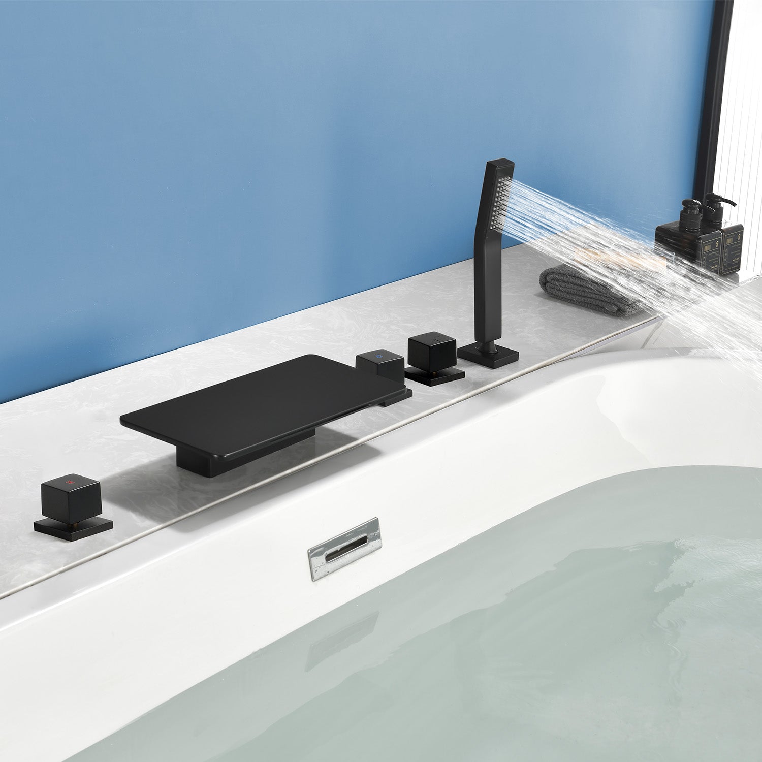 Deck Mounted Roman Bath Filler 5-Hole 2-Handle tub faucet trim with High Pressure Hand Shower and SUS304 Bath Tub Spout