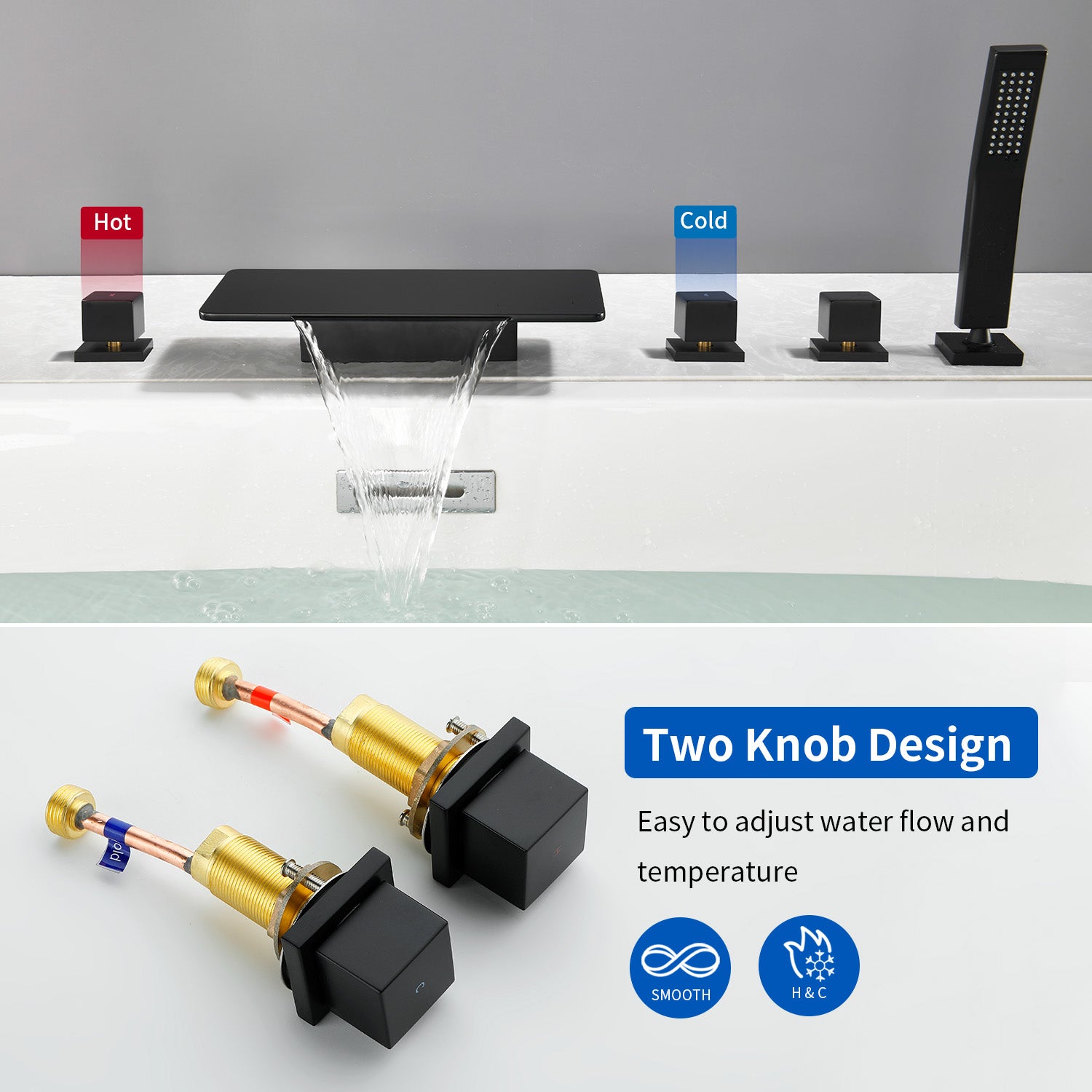 Deck Mounted Roman Bath Filler 5-Hole 2-Handle tub faucet trim with High Pressure Hand Shower and SUS304 Bath Tub Spout