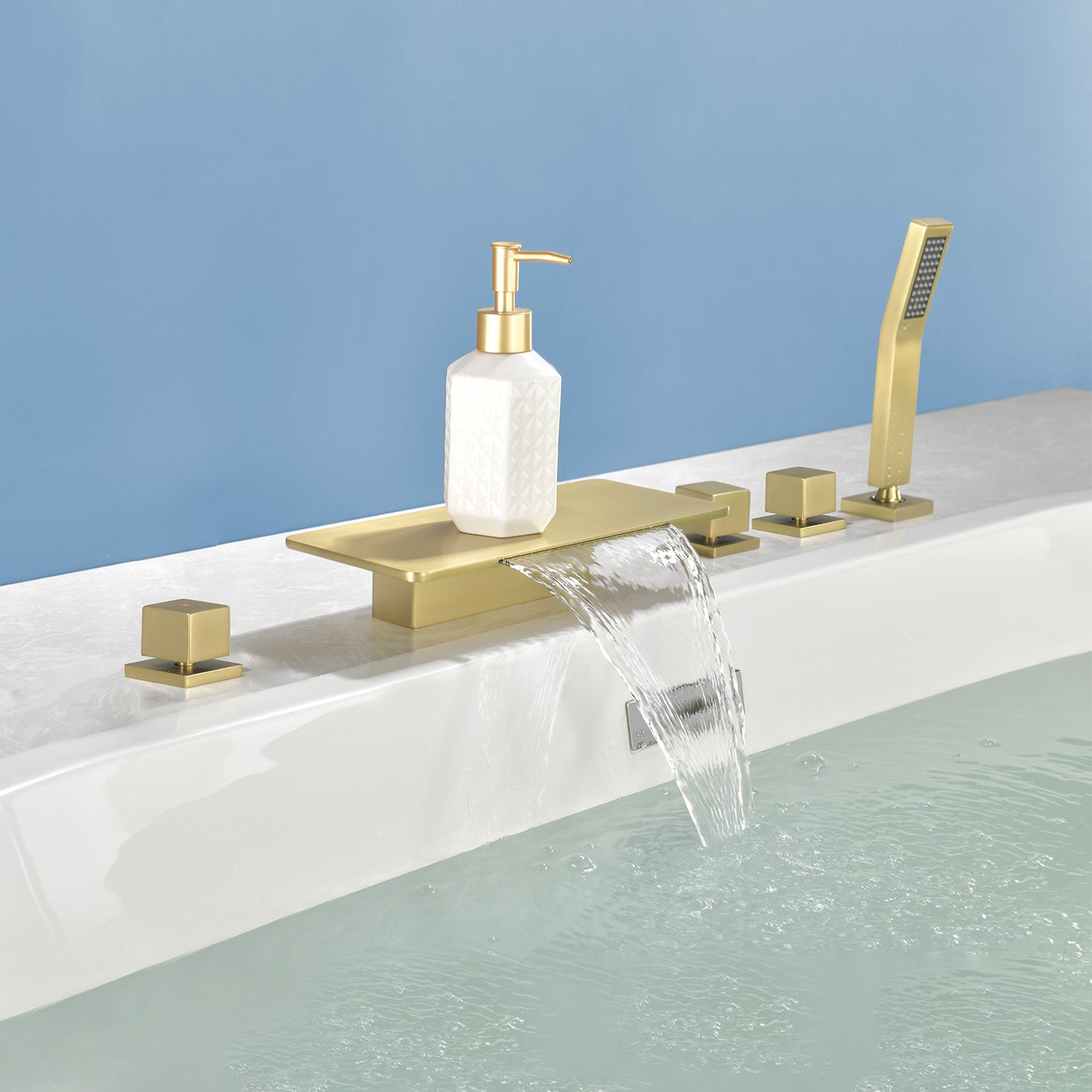 Deck Mounted Roman Bath Filler 5-Hole 2-Handle tub faucet trim with High Pressure Hand Shower and SUS304 Bath Tub Spout