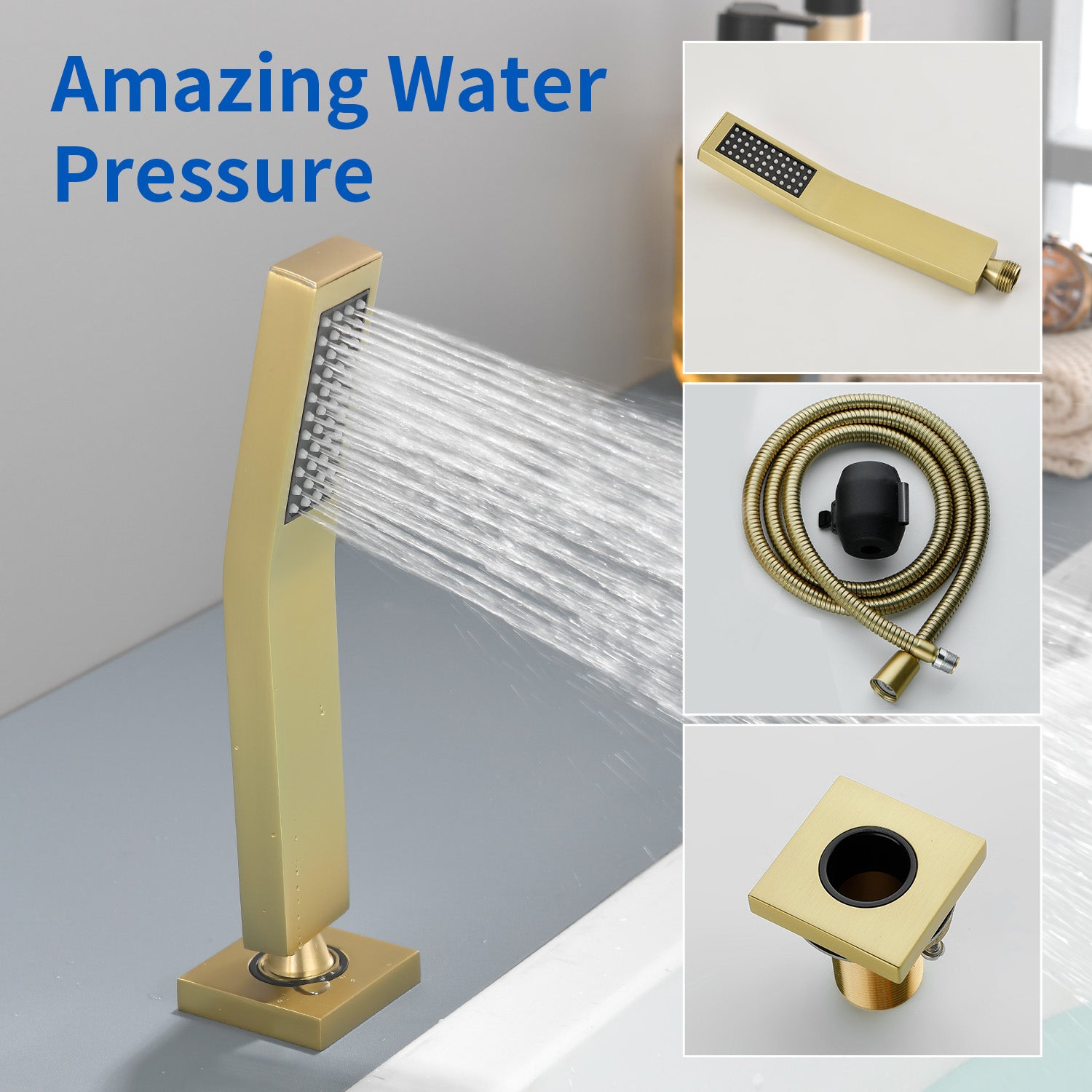 Deck Mounted Roman Bath Filler 5-Hole 2-Handle tub faucet trim with High Pressure Hand Shower and SUS304 Bath Tub Spout