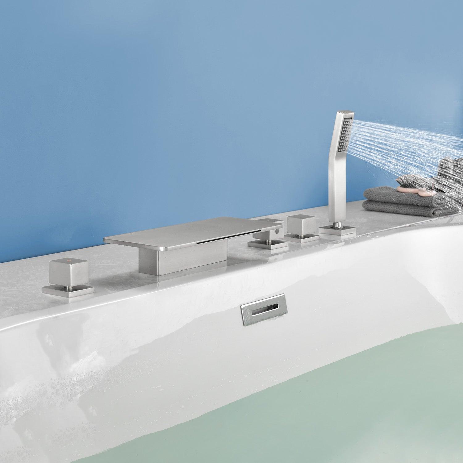 Deck Mounted Roman Bath Filler 5-Hole 2-Handle tub faucet trim with High Pressure Hand Shower and SUS304 Bath Tub Spout