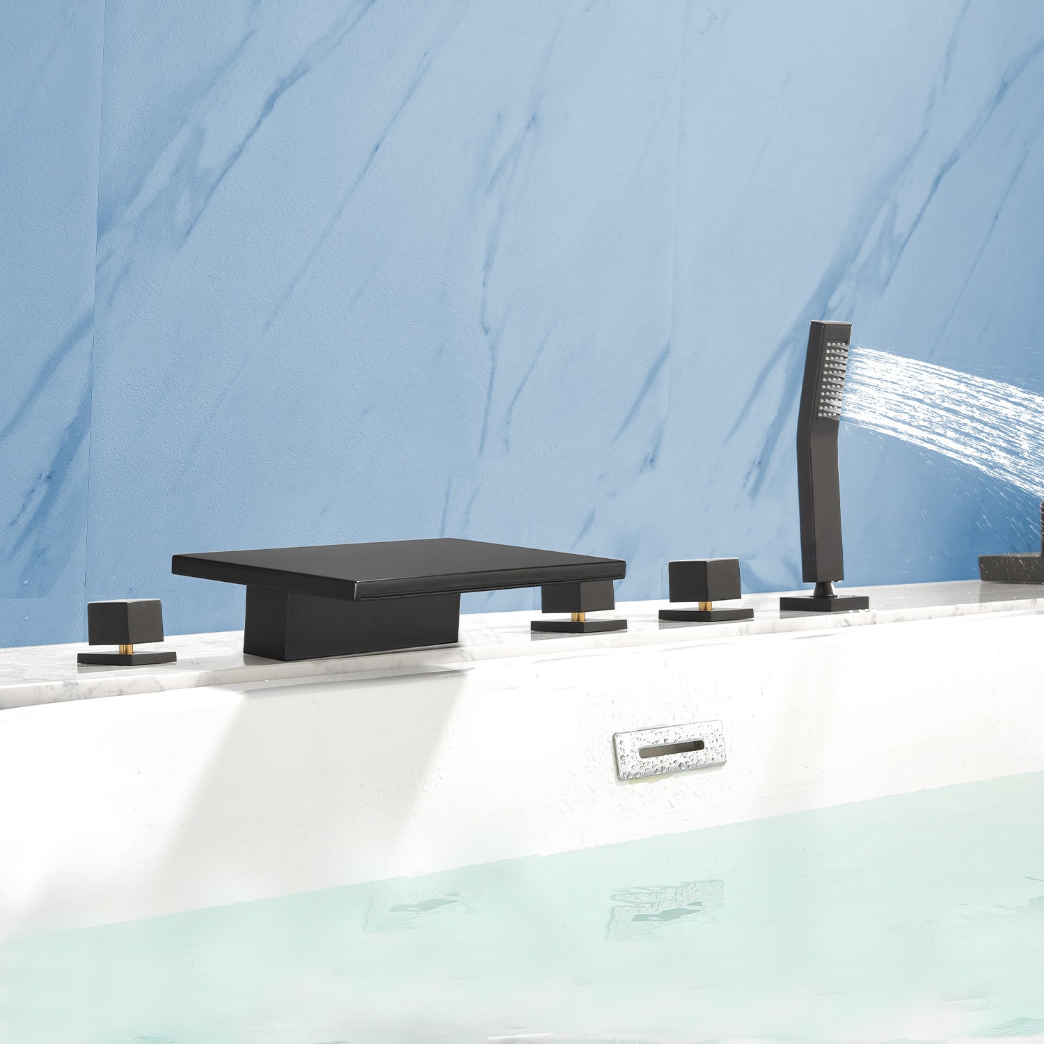 Deck Mounted Bath Filler Widespread Five-Piece Bathtub Faucet with Pull-Out Handheld Shower