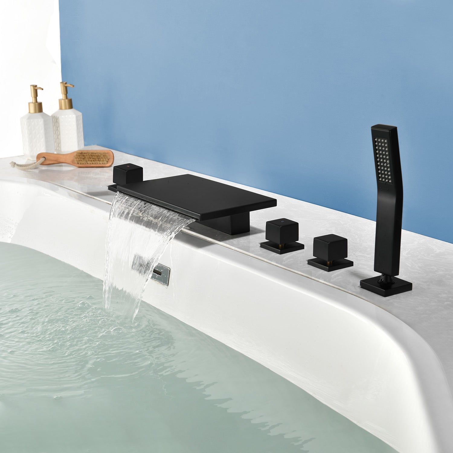 Deck Mounted Bath Filler Widespread Five-Piece Bathtub Faucet with Pull-Out Handheld Shower