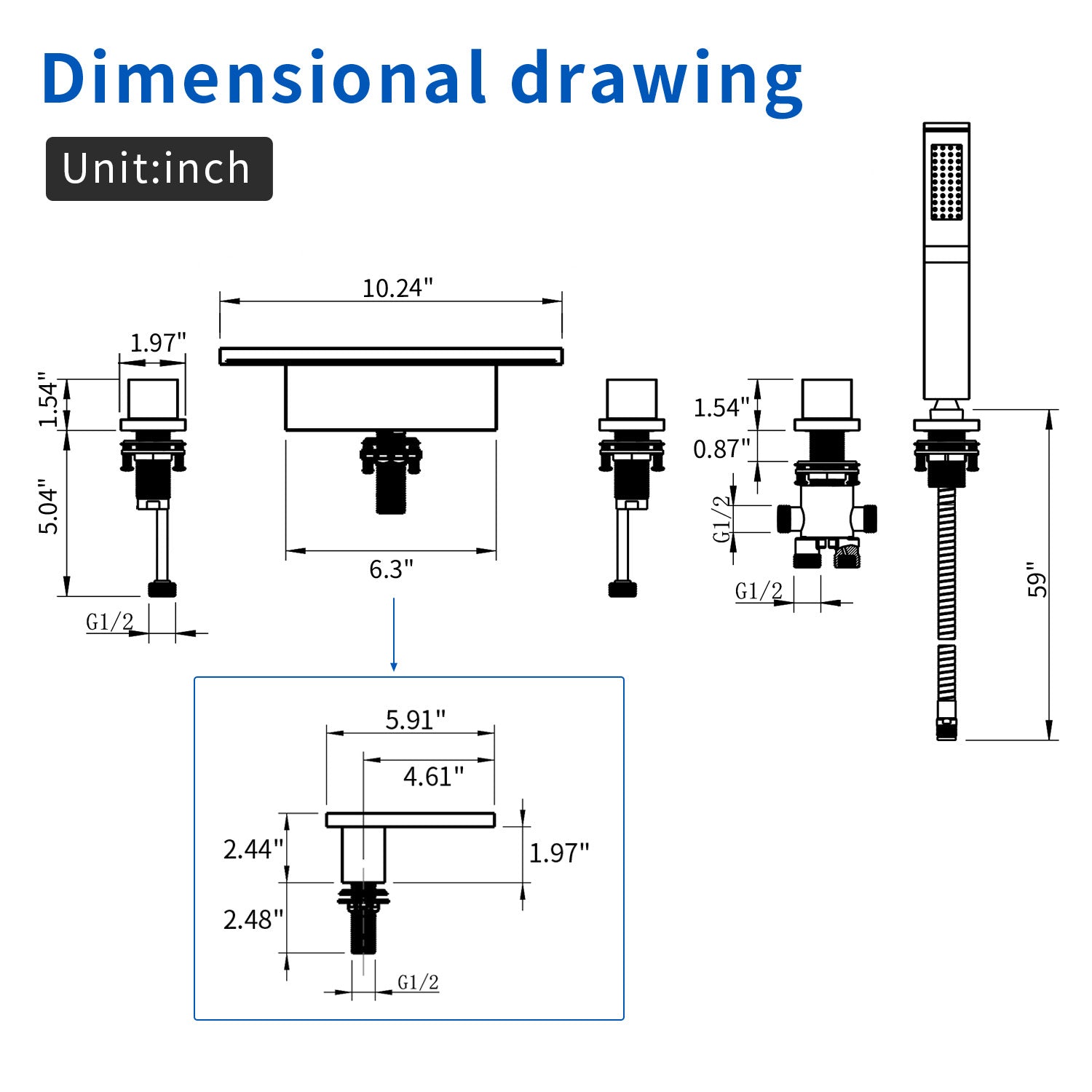 Deck Mounted Bath Filler Widespread Five-Piece Bathtub Faucet with Pull-Out Handheld Shower