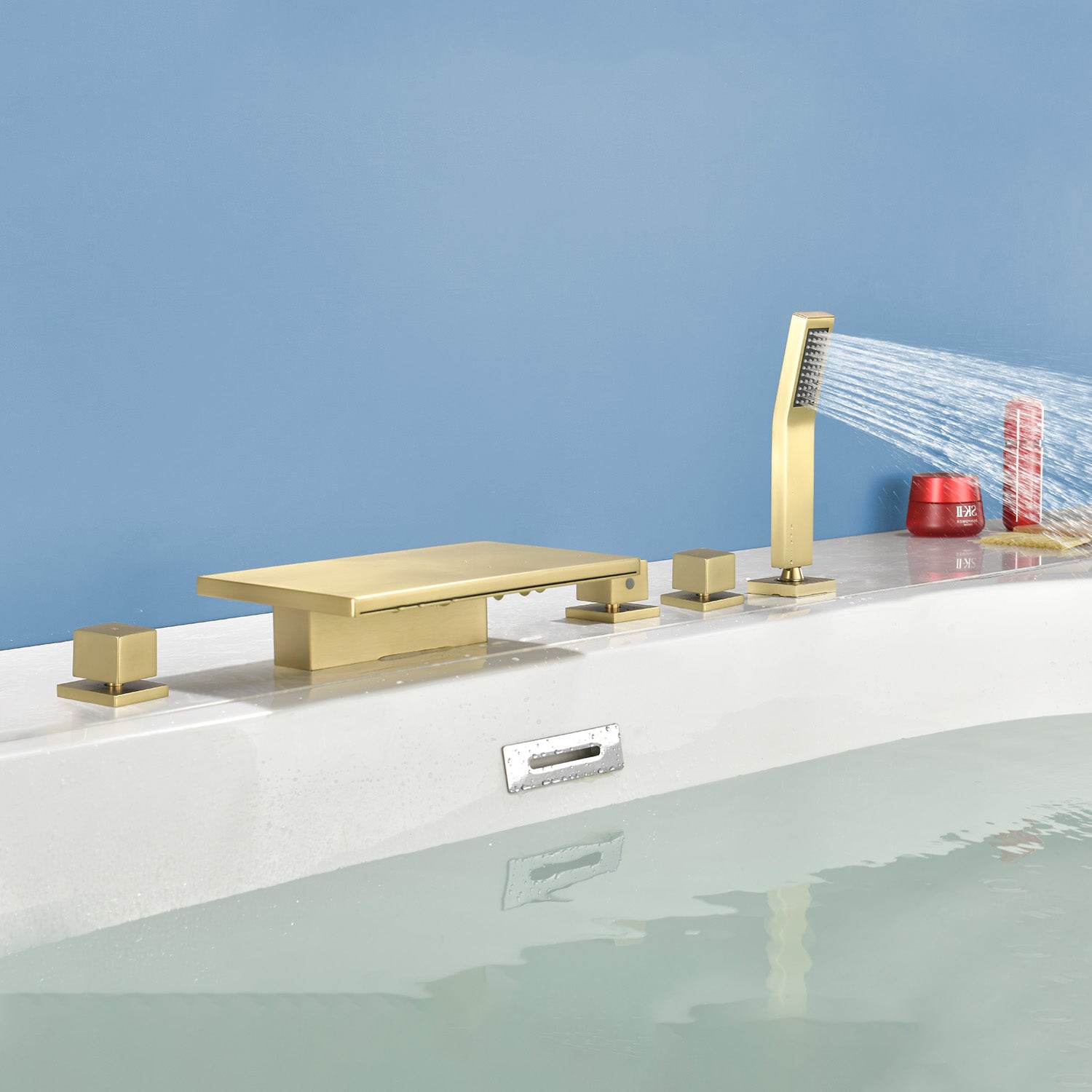 Deck Mounted Bath Filler Widespread Five-Piece Bathtub Faucet with Pull-Out Handheld Shower