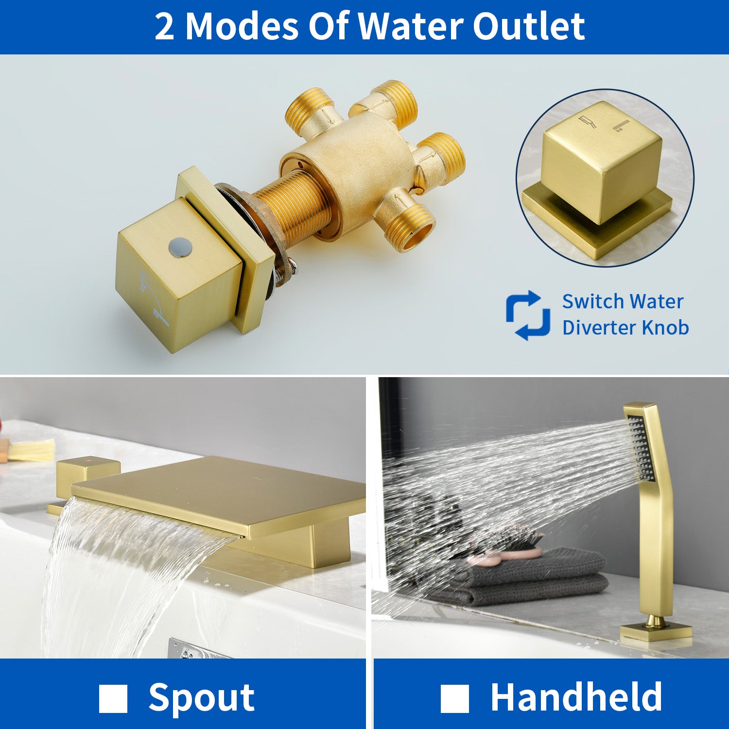 Deck Mounted Bath Filler Widespread Five-Piece Bathtub Faucet with Pull-Out Handheld Shower