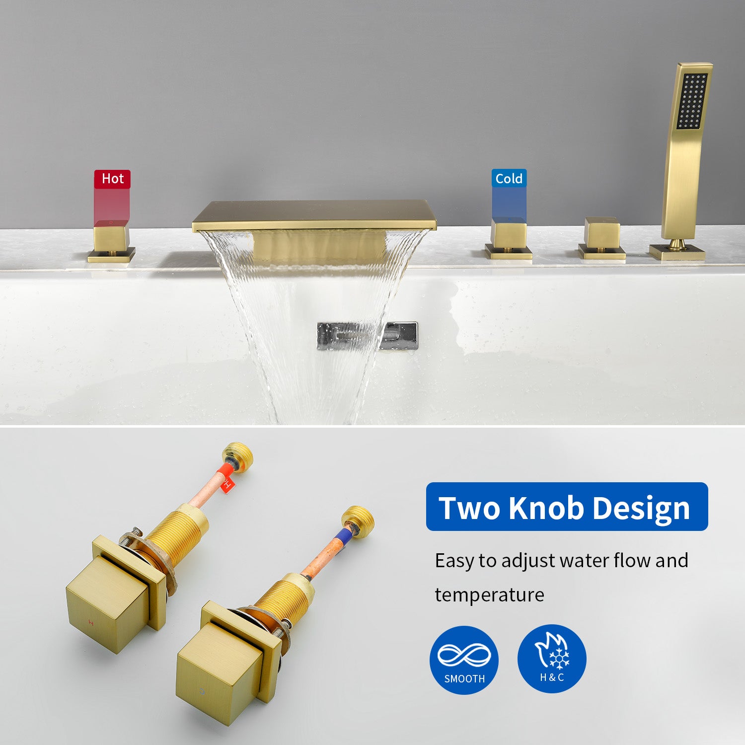 Deck Mounted Bath Filler Widespread Five-Piece Bathtub Faucet with Pull-Out Handheld Shower
