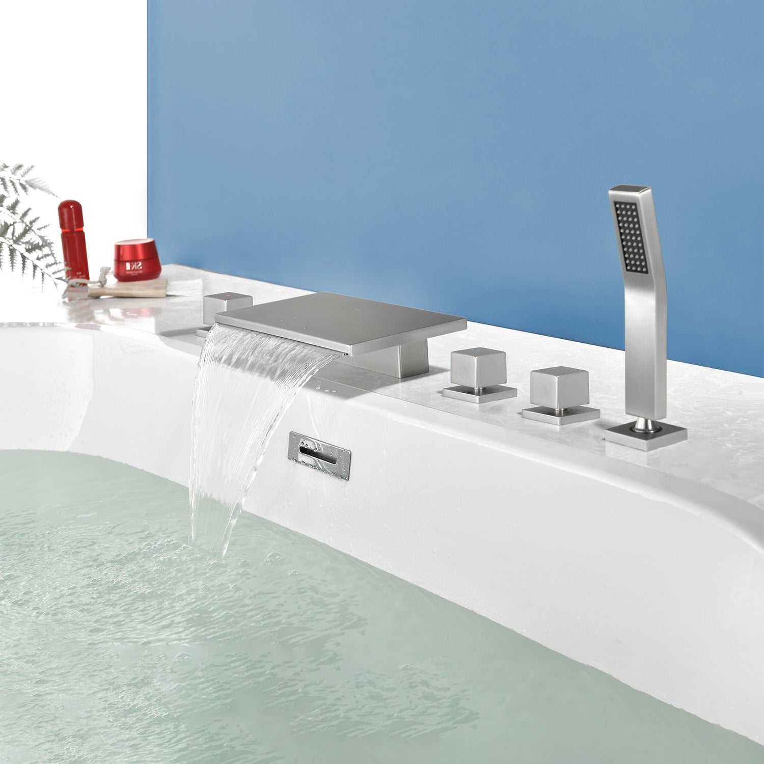 Deck Mounted Bath Filler Widespread Five-Piece Bathtub Faucet with Pull-Out Handheld Shower