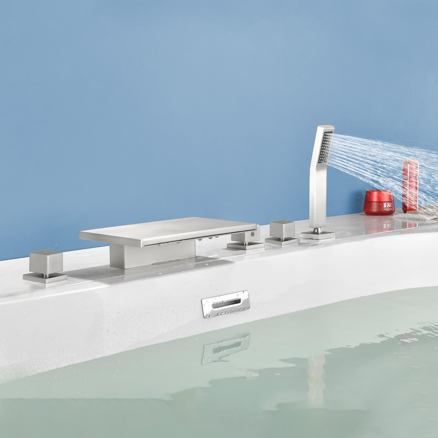 Deck Mounted Bath Filler Widespread Five-Piece Bathtub Faucet with Pull-Out Handheld Shower