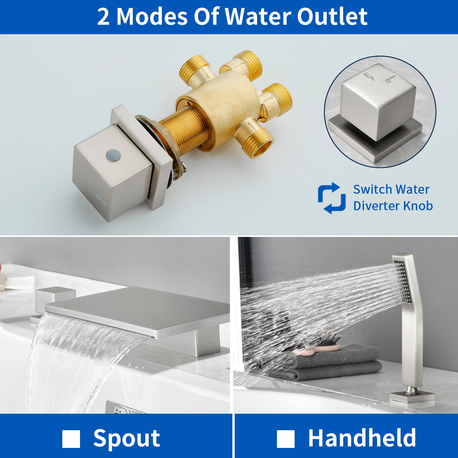 Deck Mounted Bath Filler Widespread Five-Piece Bathtub Faucet with Pull-Out Handheld Shower