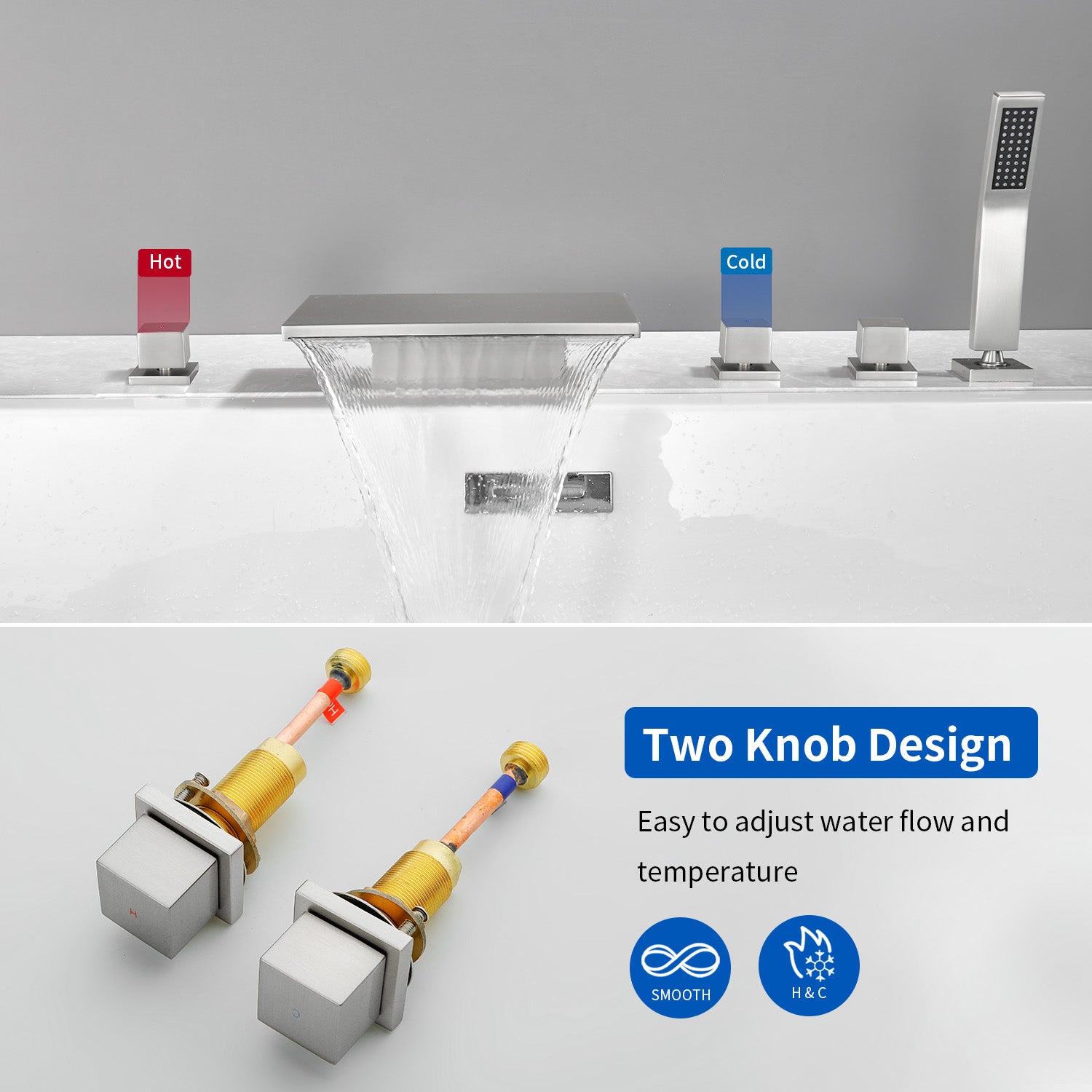 Deck Mounted Bath Filler Widespread Five-Piece Bathtub Faucet with Pull-Out Handheld Shower
