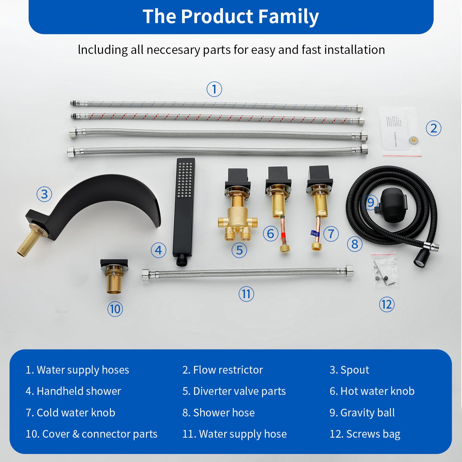 5-Hole Bathtub Mixer Deck Mounted Roman Bath Tub Filler with Hand-Held Shower Sprayer and Waterfall Spout