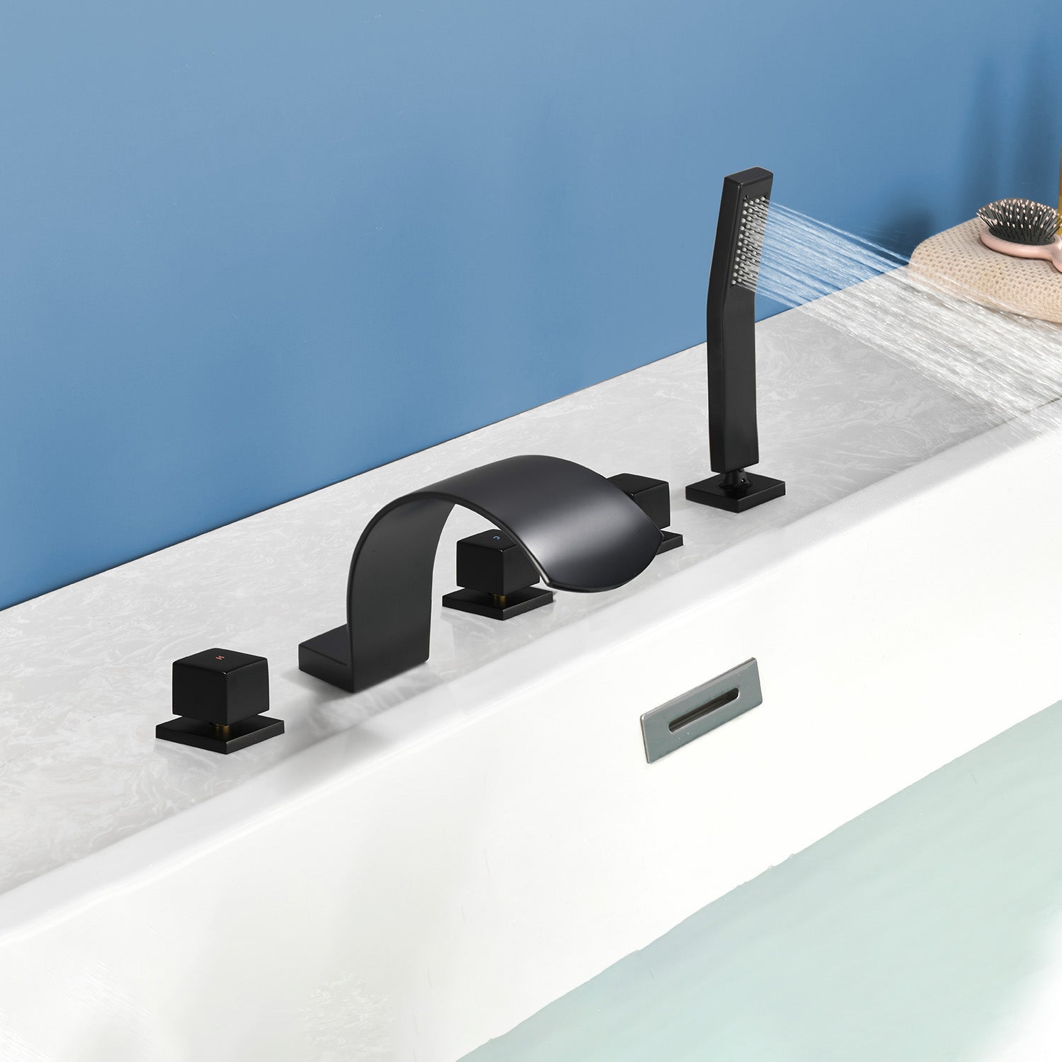 5-Hole Bathtub Mixer Deck Mounted Roman Bath Tub Filler with Hand-Held Shower Sprayer and Waterfall Spout