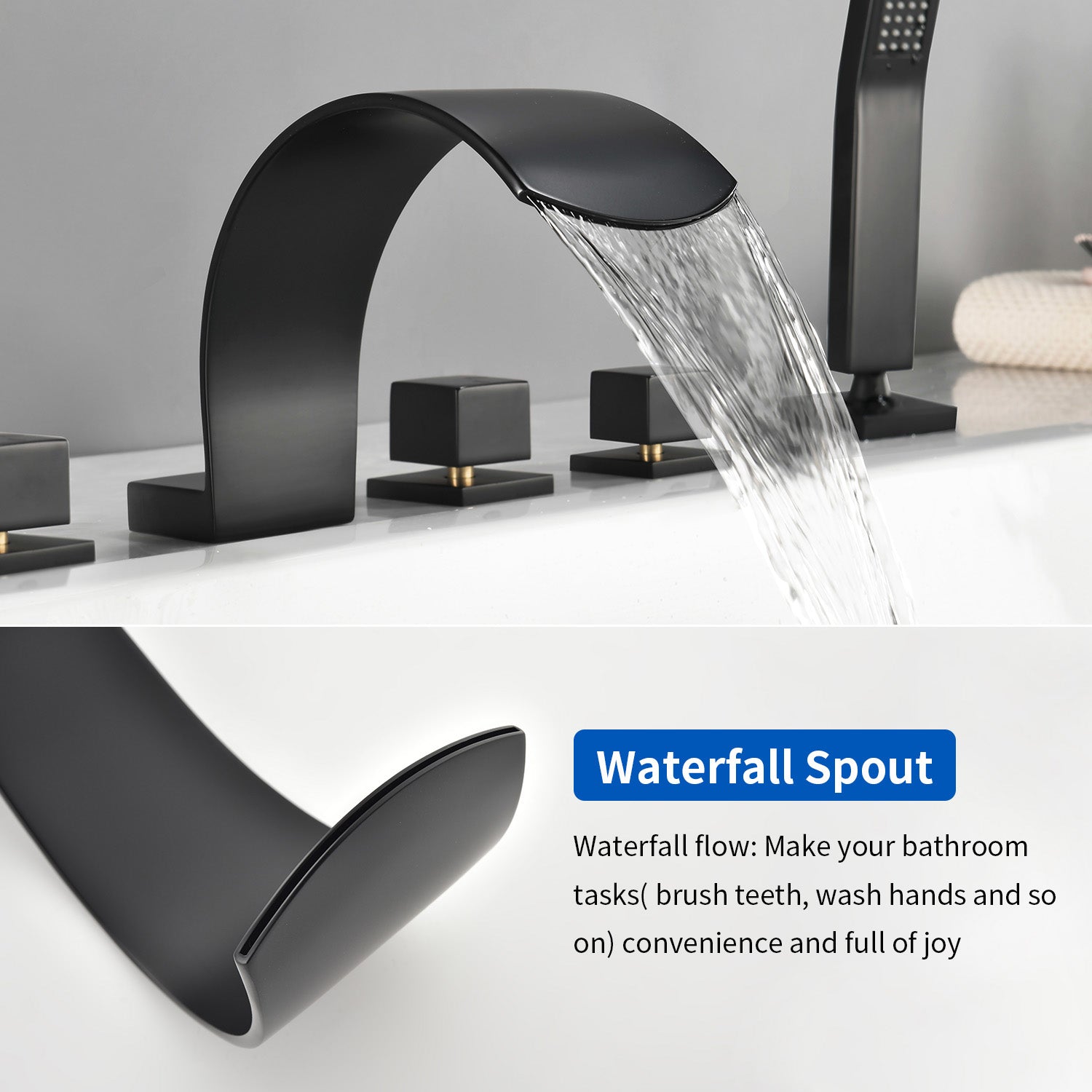 5-Hole Bathtub Mixer Deck Mounted Roman Bath Tub Filler with Hand-Held Shower Sprayer and Waterfall Spout