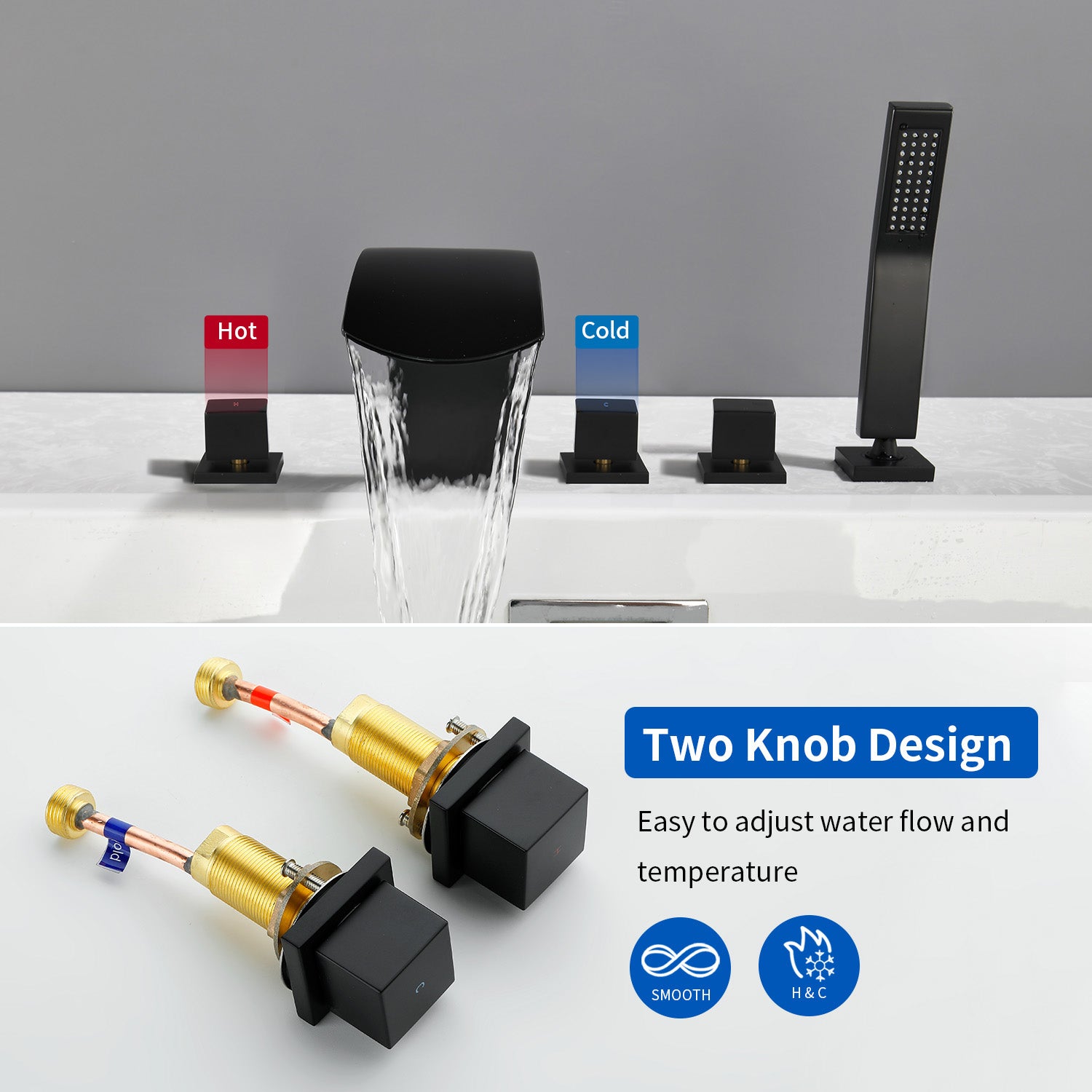 5-Hole Bathtub Mixer Deck Mounted Roman Bath Tub Filler with Hand-Held Shower Sprayer and Waterfall Spout