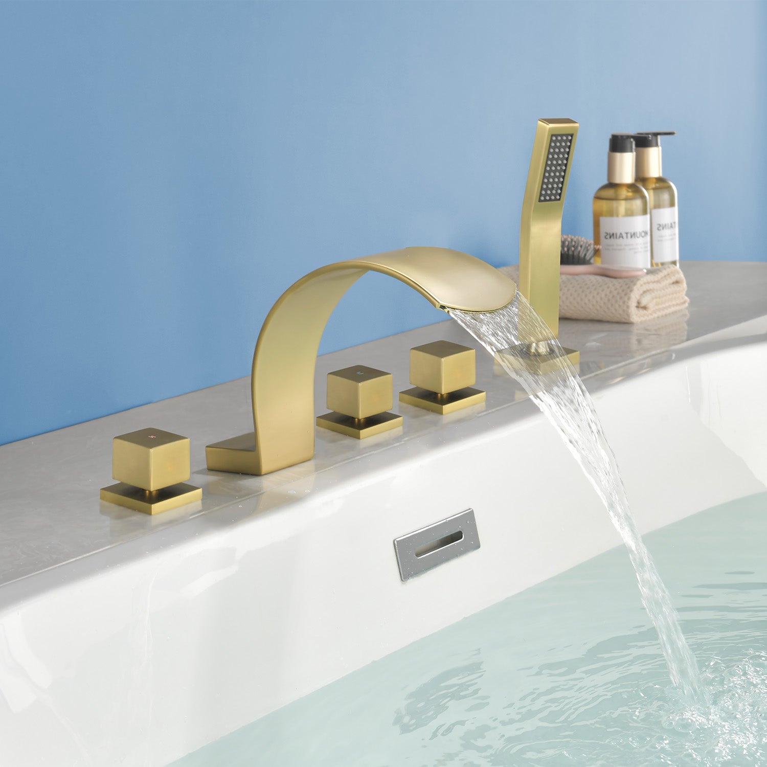5-Hole Bathtub Mixer Deck Mounted Roman Bath Tub Filler with Hand-Held Shower Sprayer and Waterfall Spout